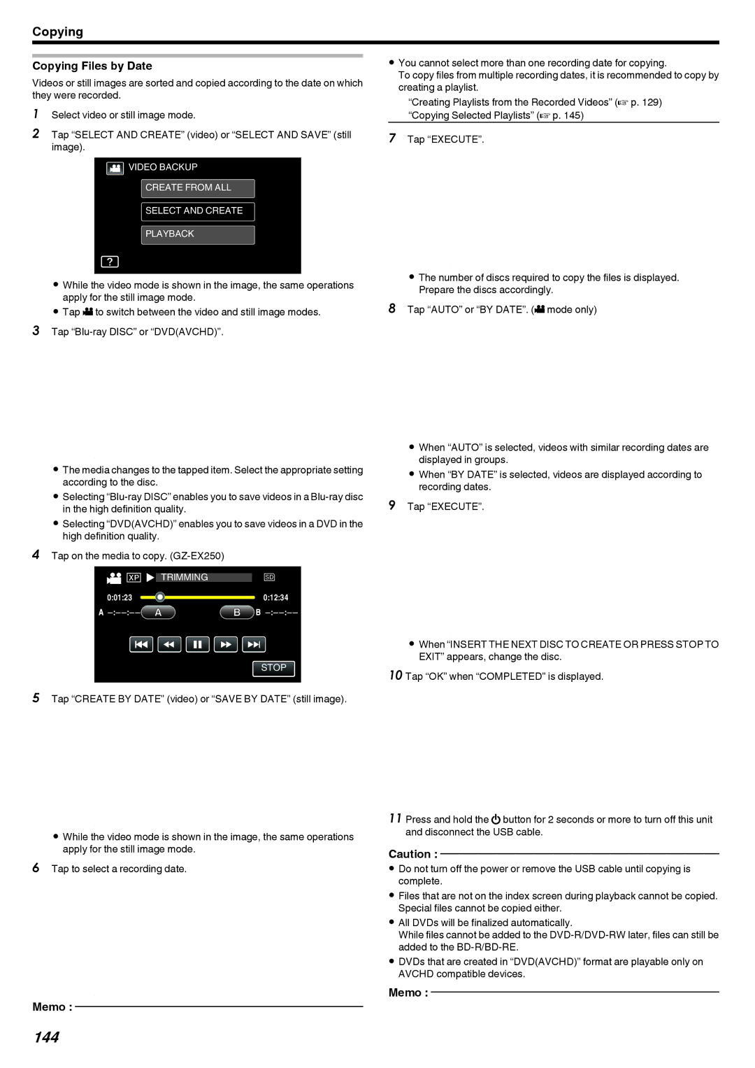 JVC GZ-EX210, GZ-EX250, GZ-EX215 manual 144, Copying Files by Date 