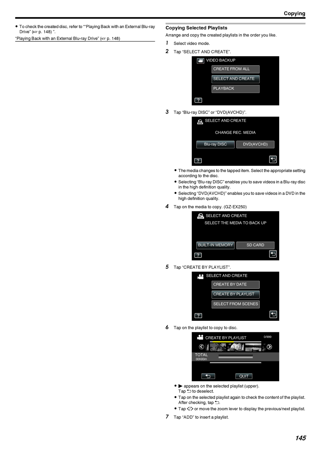 JVC GZ-EX250, GZ-EX210, GZ-EX215 manual 145, Copying Selected Playlists 