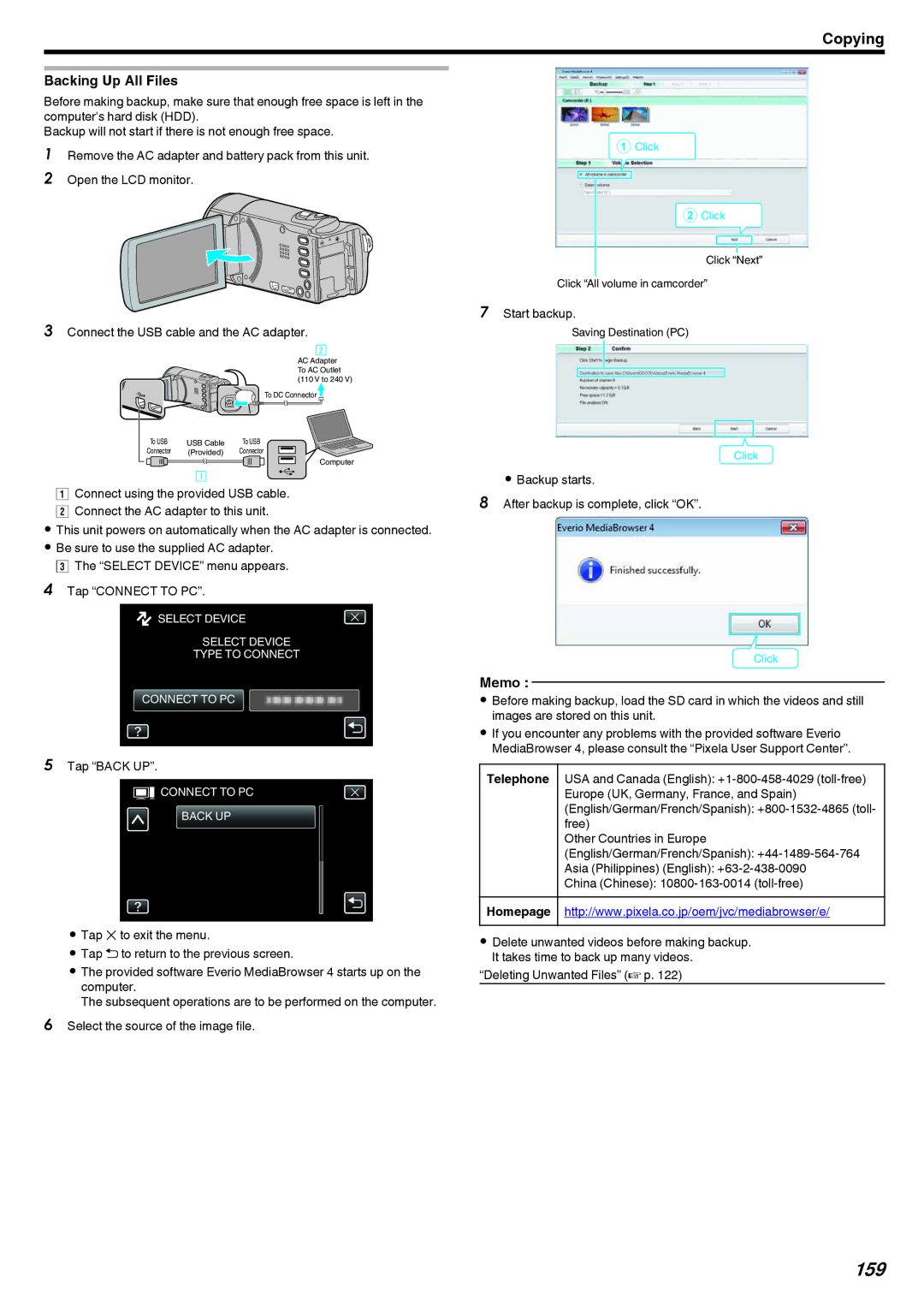 JVC GZ-EX210, GZ-EX250, GZ-EX215 manual 159, Backing Up All Files 