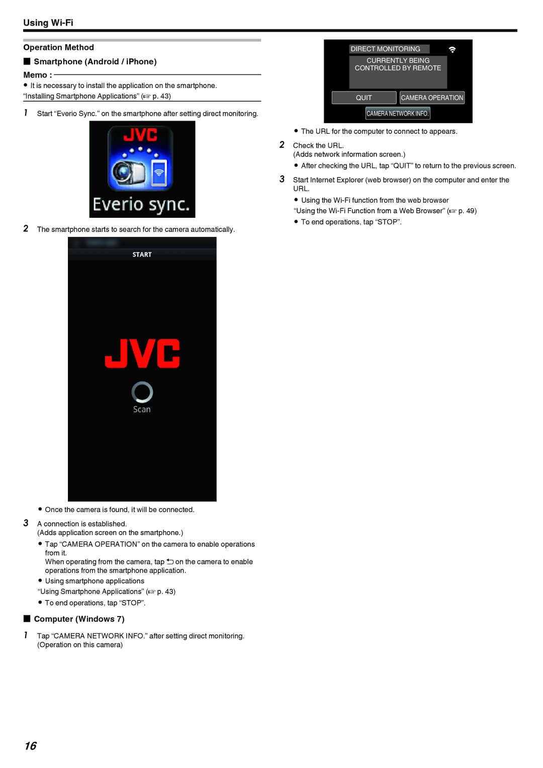 JVC GZ-EX250, GZ-EX210, GZ-EX215 manual Operation Method Smartphone Android / iPhone Memo, Computer Windows 