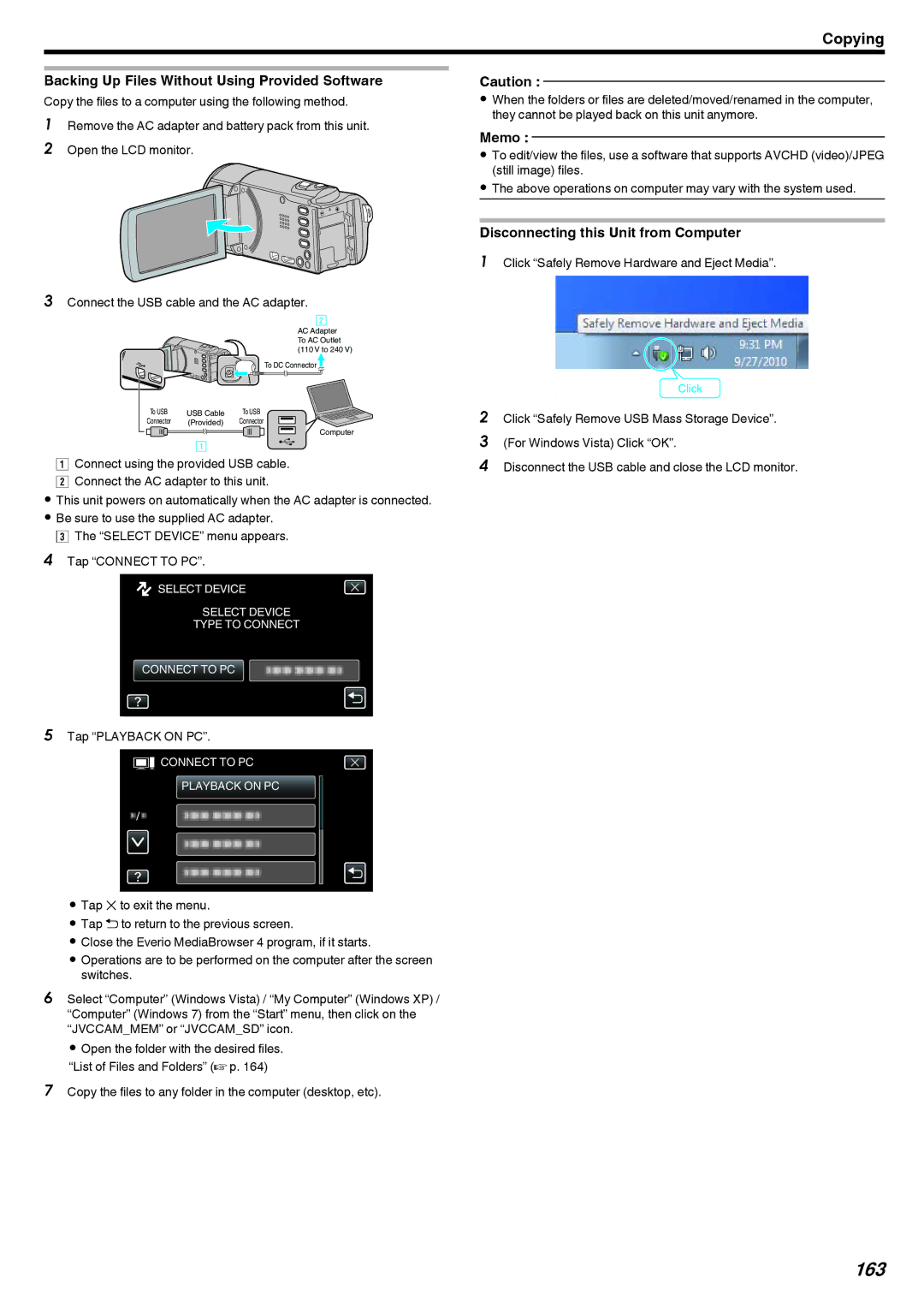 JVC GZ-EX250, GZ-EX210, GZ-EX215 manual 163, Backing Up Files Without Using Provided Software, Tap Playback on PC 