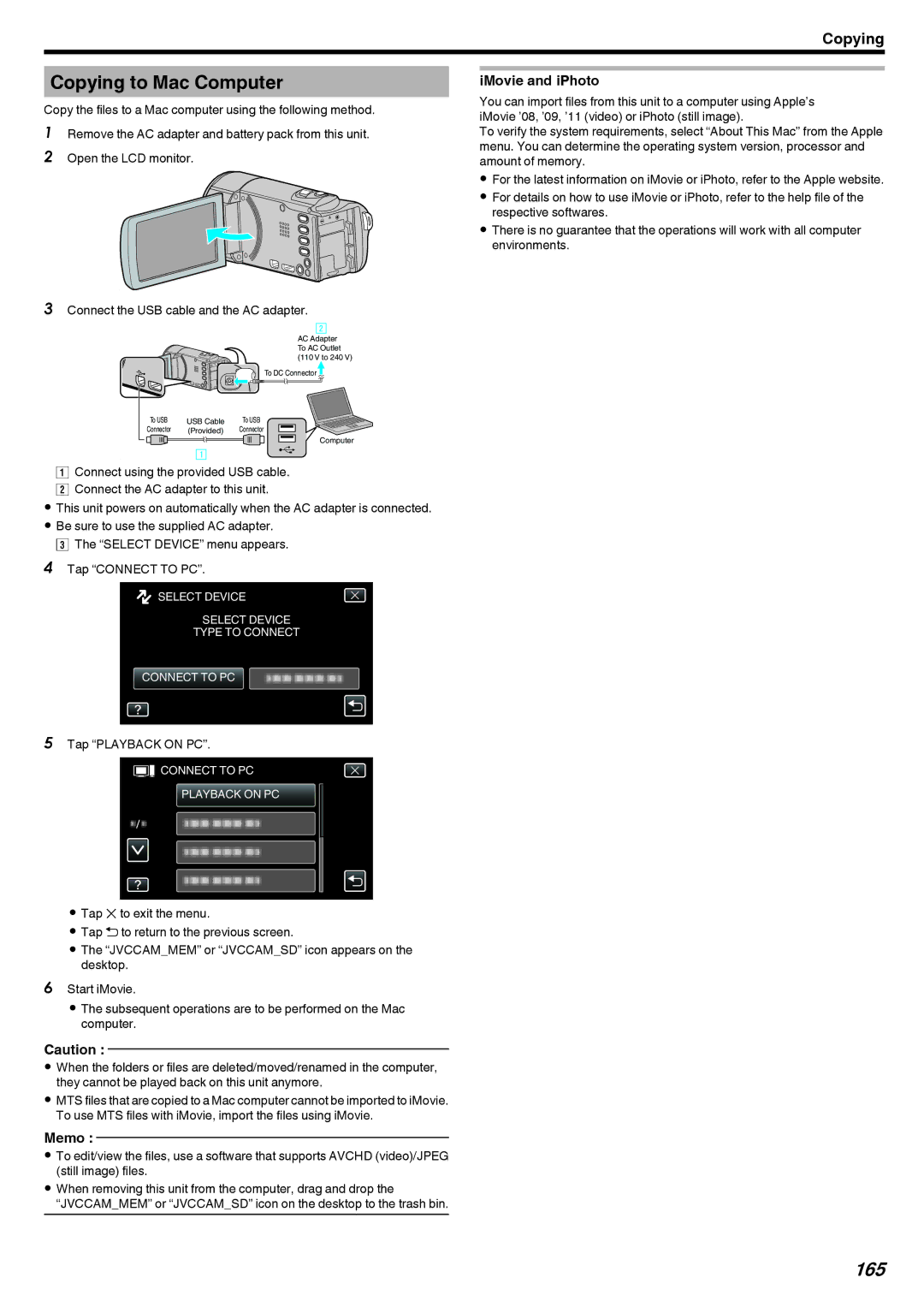 JVC GZ-EX210, GZ-EX250, GZ-EX215 manual Copying to Mac Computer, 165, IMovie and iPhoto 