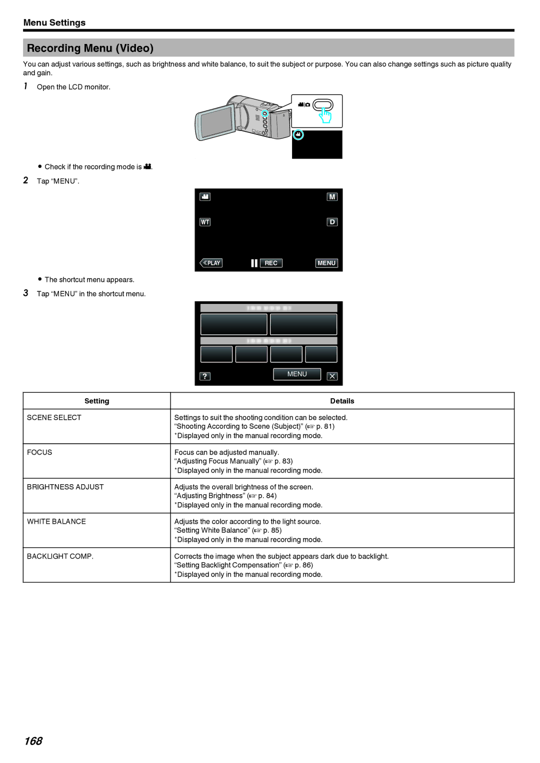 JVC GZ-EX210, GZ-EX250, GZ-EX215 manual Recording Menu Video, 168, Brightness Adjust 