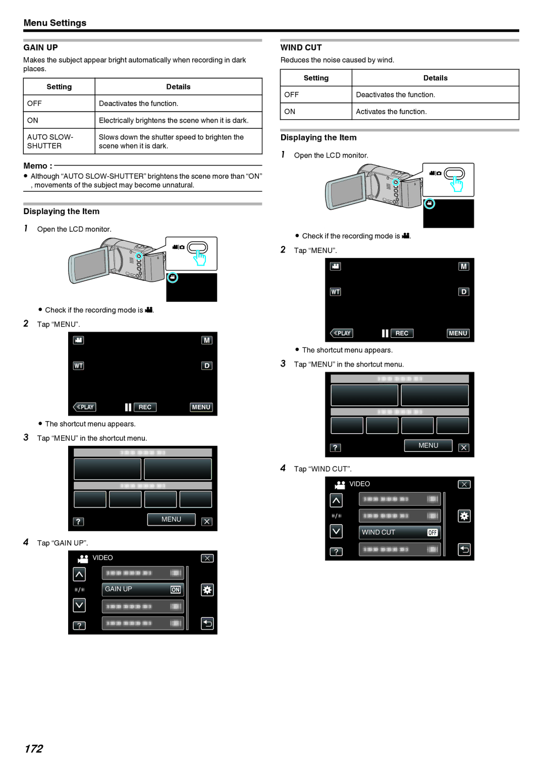 JVC GZ-EX250, GZ-EX210, GZ-EX215 manual 172, Gain UP, Wind CUT, Auto Slow, Shutter 