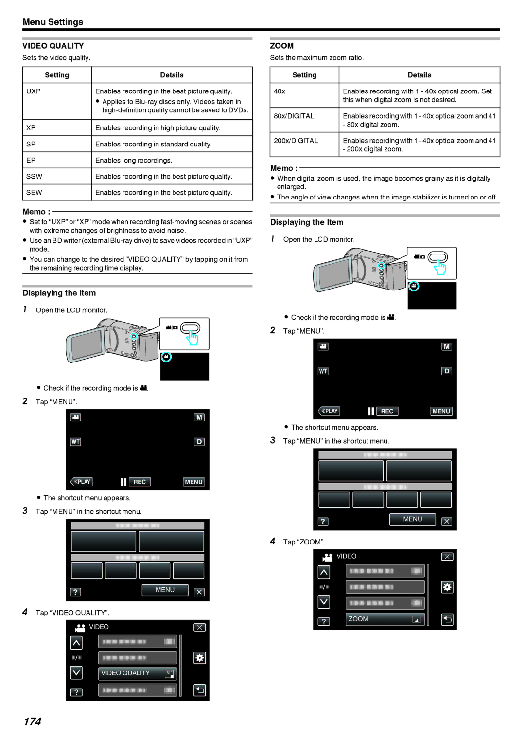 JVC GZ-EX210, GZ-EX250, GZ-EX215 manual 174, Video Quality, Zoom 