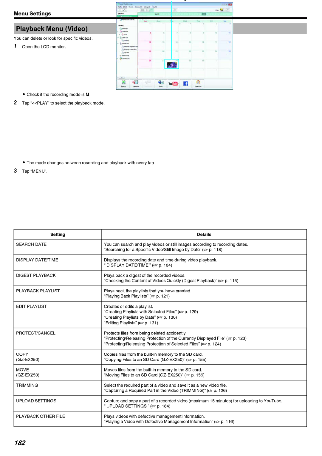 JVC GZ-EX215, GZ-EX210, GZ-EX250 manual Playback Menu Video, 182 