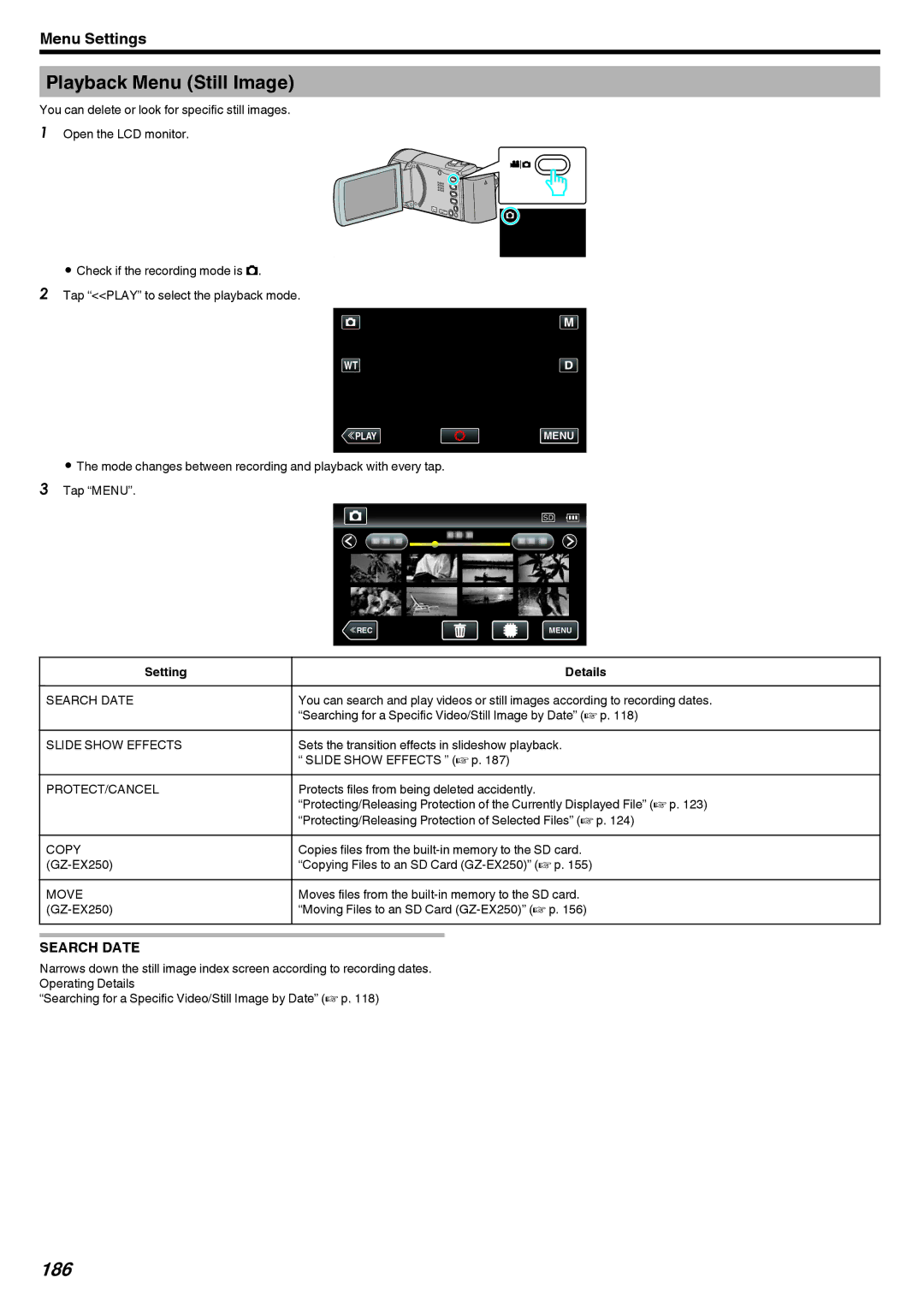 JVC GZ-EX210 manual Playback Menu Still Image, 186, Slide Show Effects, Sets the transition effects in slideshow playback 