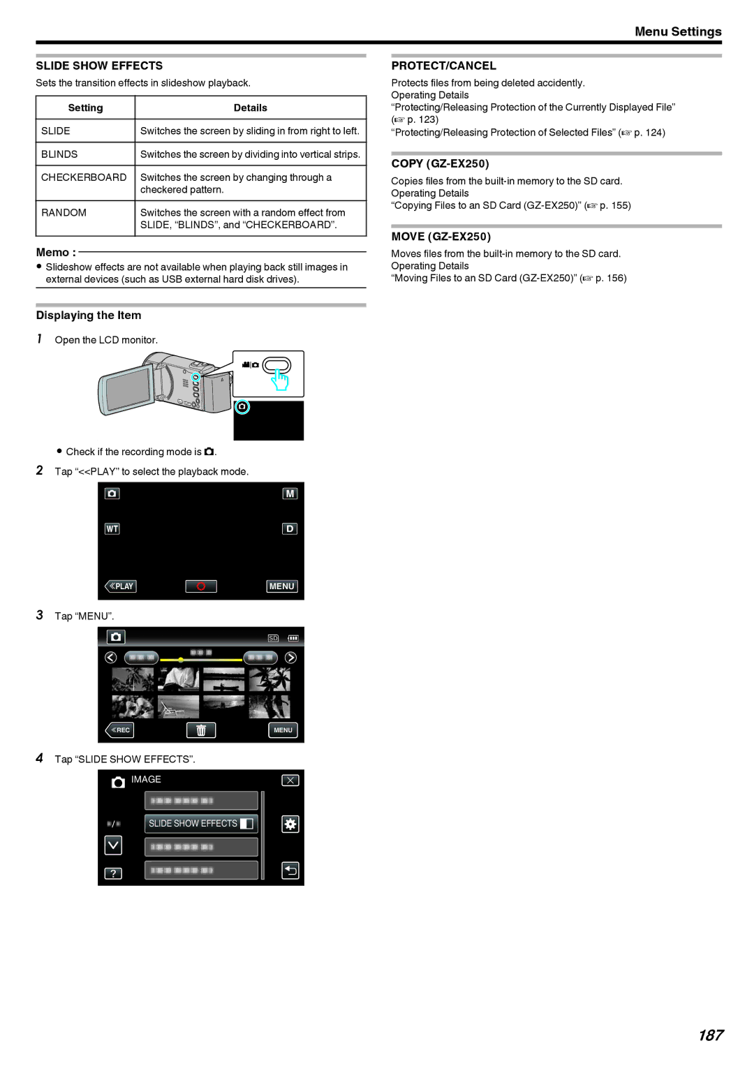 JVC GZ-EX250, GZ-EX210, GZ-EX215 manual 187, Slide Show Effects 