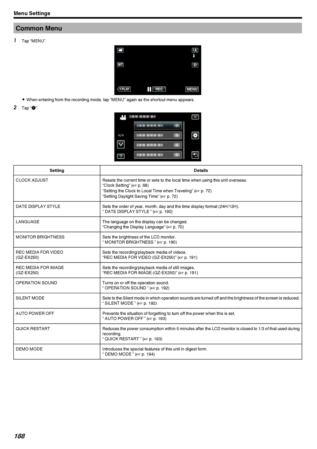 JVC GZ-EX215, GZ-EX210, GZ-EX250 manual Common Menu, 188 