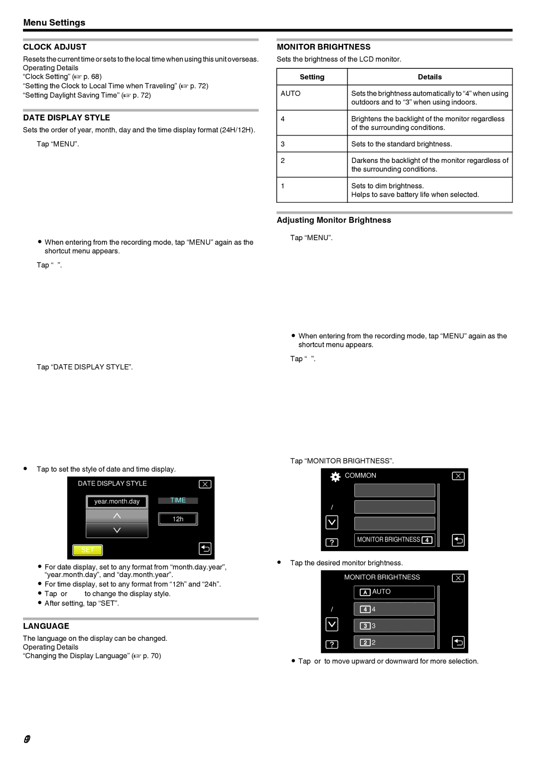 JVC GZ-EX250, GZ-EX210, GZ-EX215 manual 190, Clock Adjust, Date Display Style, Language, Monitor Brightness 