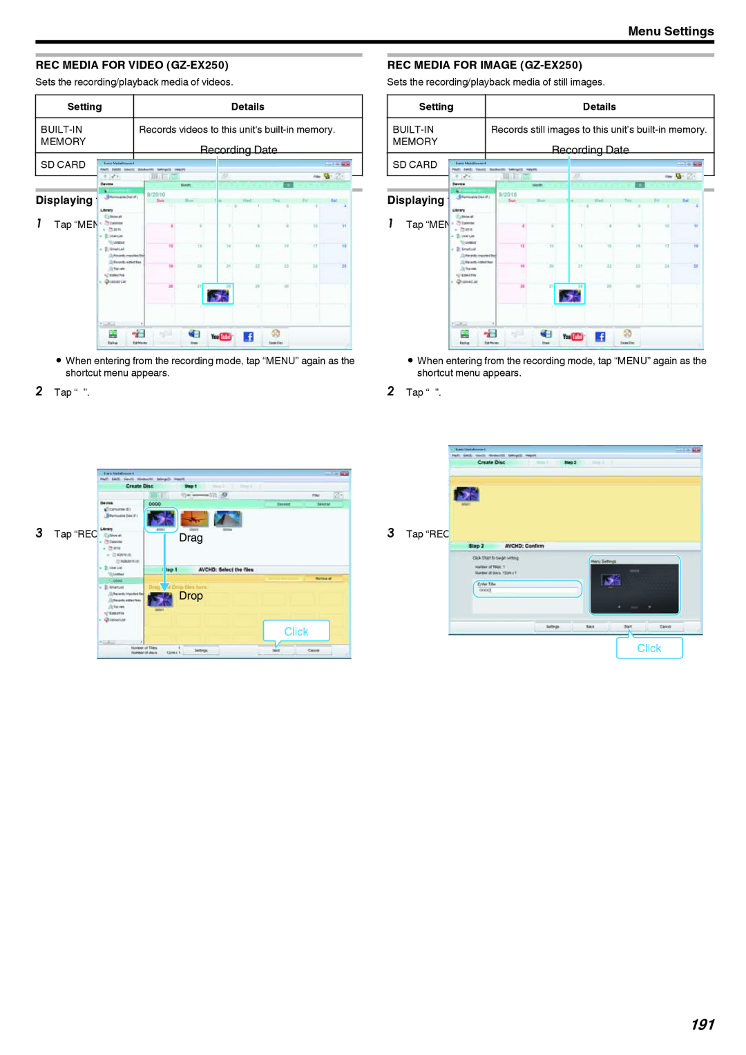 JVC GZ-EX215, GZ-EX210 manual 191, REC Media for Video GZ-EX250, REC Media for Image GZ-EX250, Built-In, Memory SD Card 