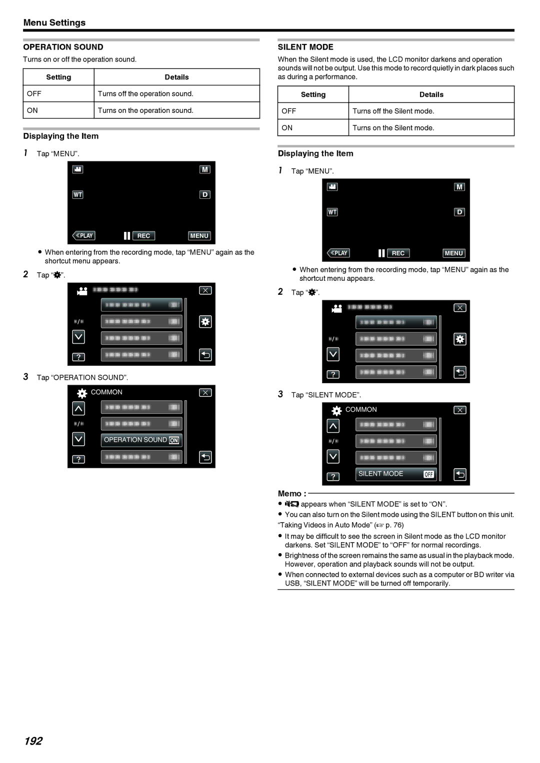 JVC GZ-EX210, GZ-EX250, GZ-EX215 manual 192, Operation Sound, Silent Mode 