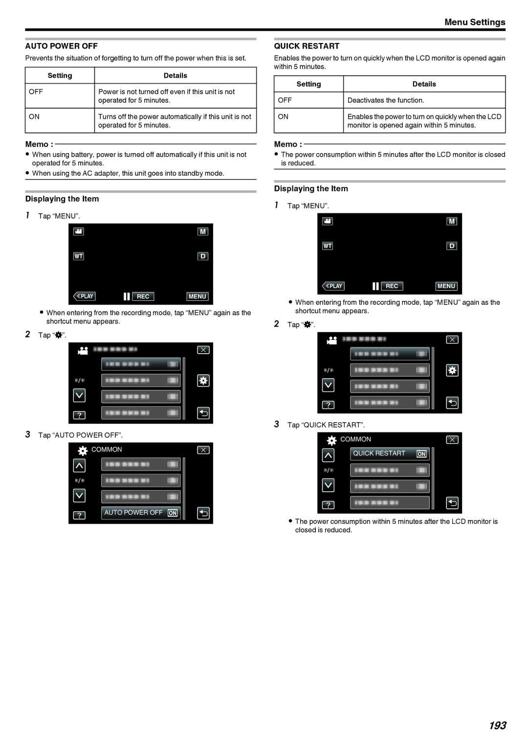 JVC GZ-EX250, GZ-EX210, GZ-EX215 manual 193, Auto Power OFF, Quick Restart 