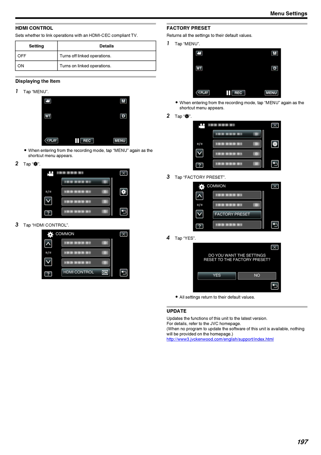 JVC GZ-EX215, GZ-EX210, GZ-EX250 manual 197, Hdmi Control, Factory Preset, Update 