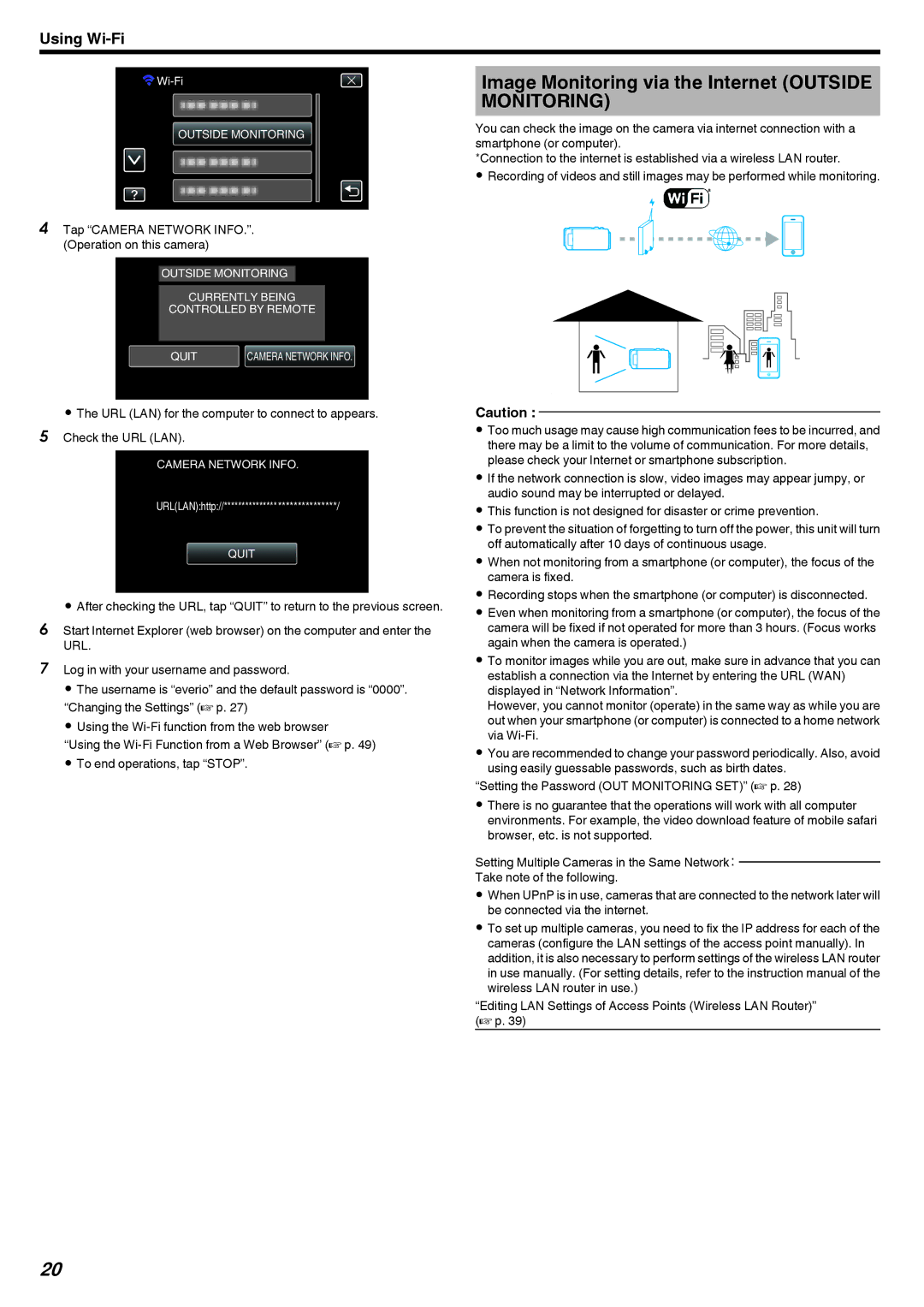 JVC GZ-EX215 Image Monitoring via the Internet Outside Monitoring, Tap Camera Network INFO.. Operation on this camera 