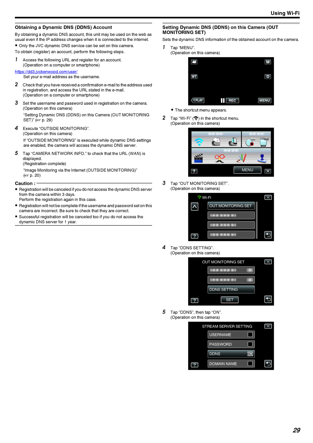 JVC GZ-EX215, GZ-EX210 Obtaining a Dynamic DNS Ddns Account, Setting Dynamic DNS Ddns on this Camera OUT, Monitoring SET 