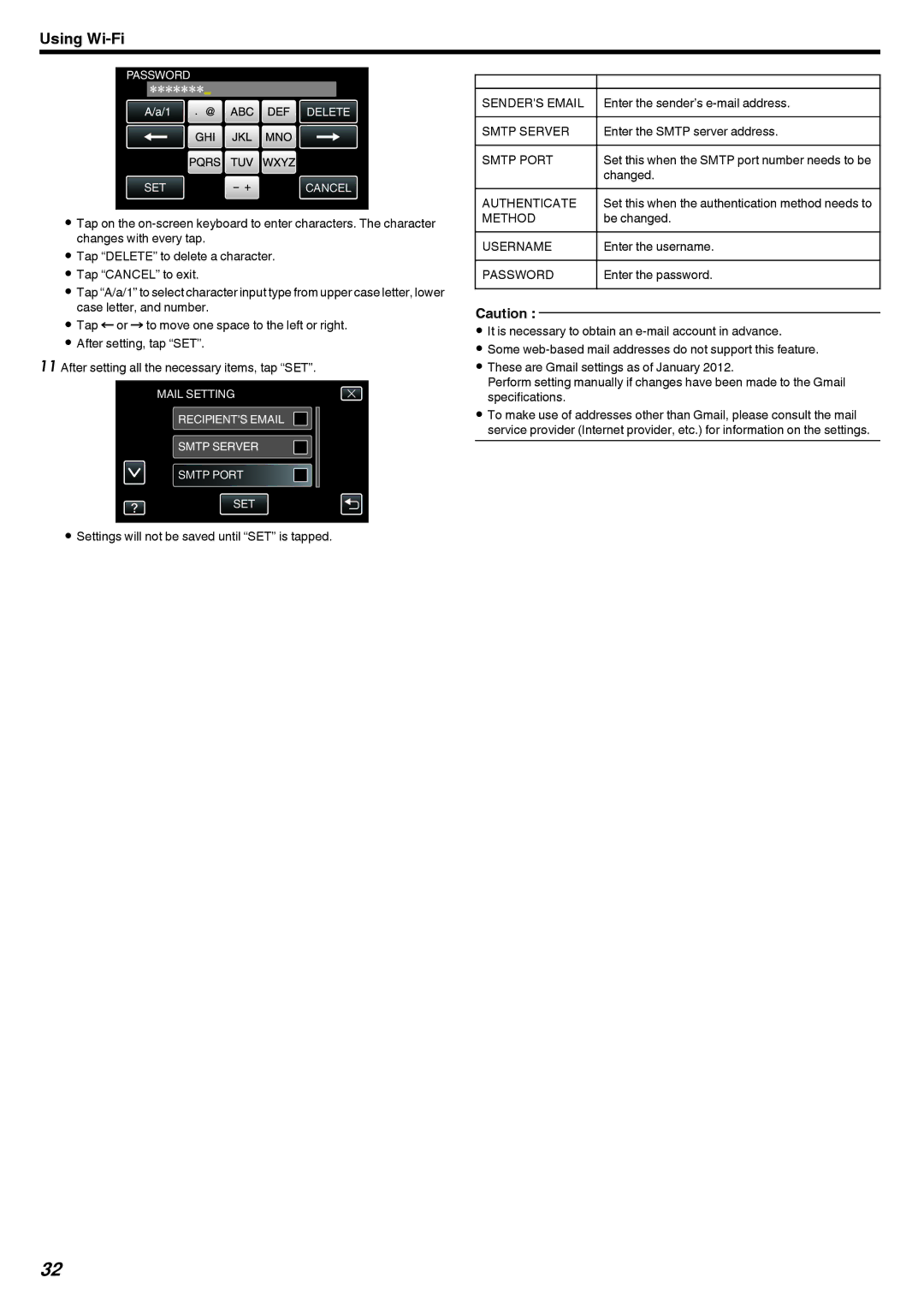 JVC GZ-EX215, GZ-EX210, GZ-EX250 manual Senders Email, Smtp Server, Smtp Port, Authenticate, Method, Username, Password 