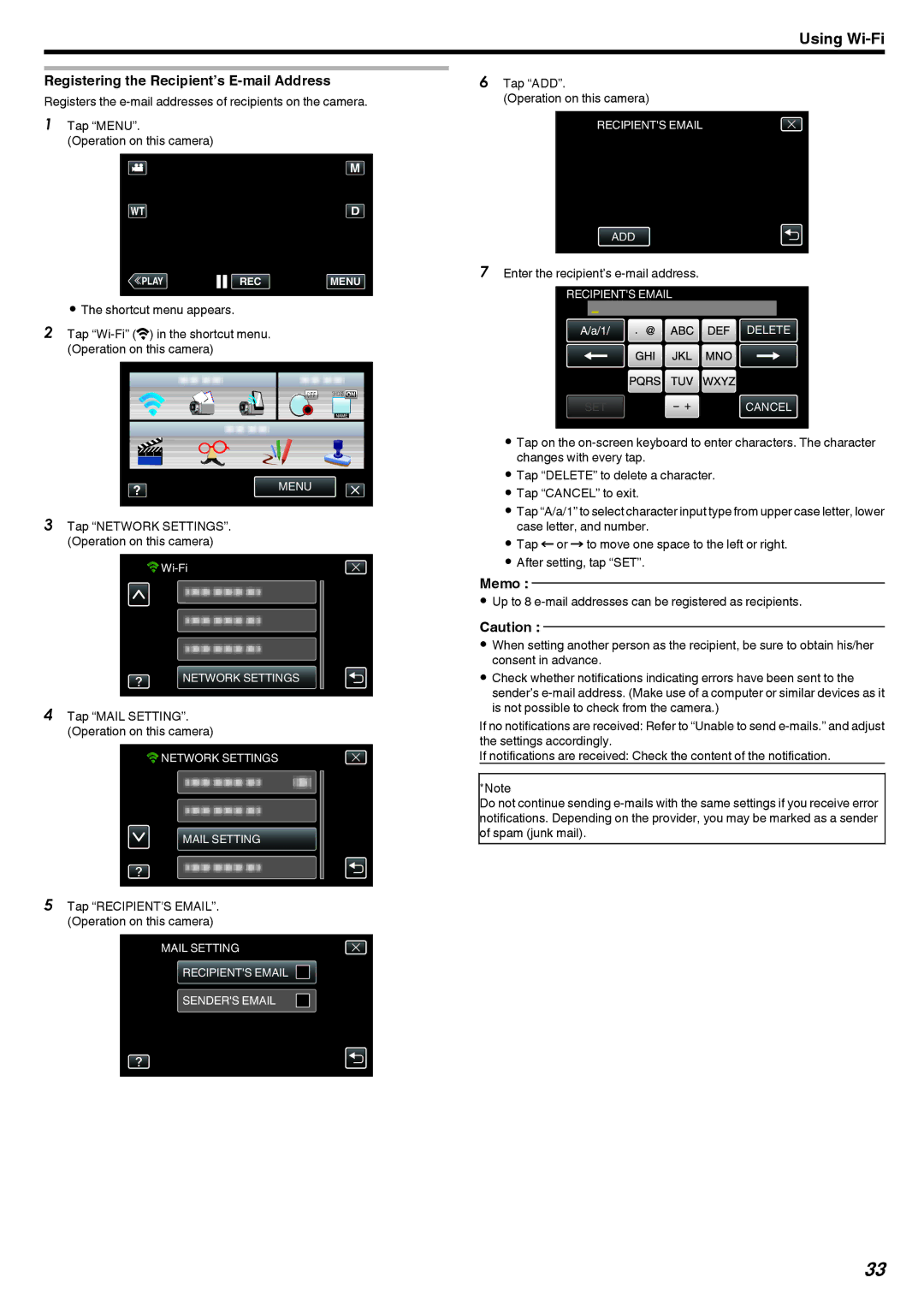 JVC GZ-EX210, GZ-EX250, GZ-EX215 manual Registering the Recipient’s E-mail Address, Tap ADD Operation on this camera 