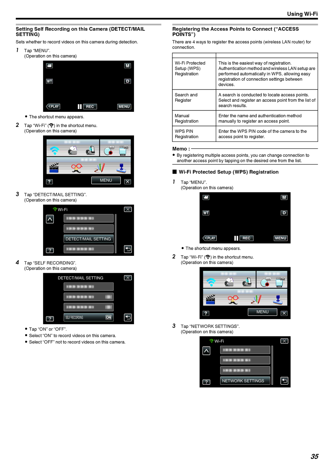 JVC GZ-EX215 Setting Self Recording on this Camera DETECT/MAIL Setting, Wi-Fi Protected Setup WPS Registration, Wps Pin 