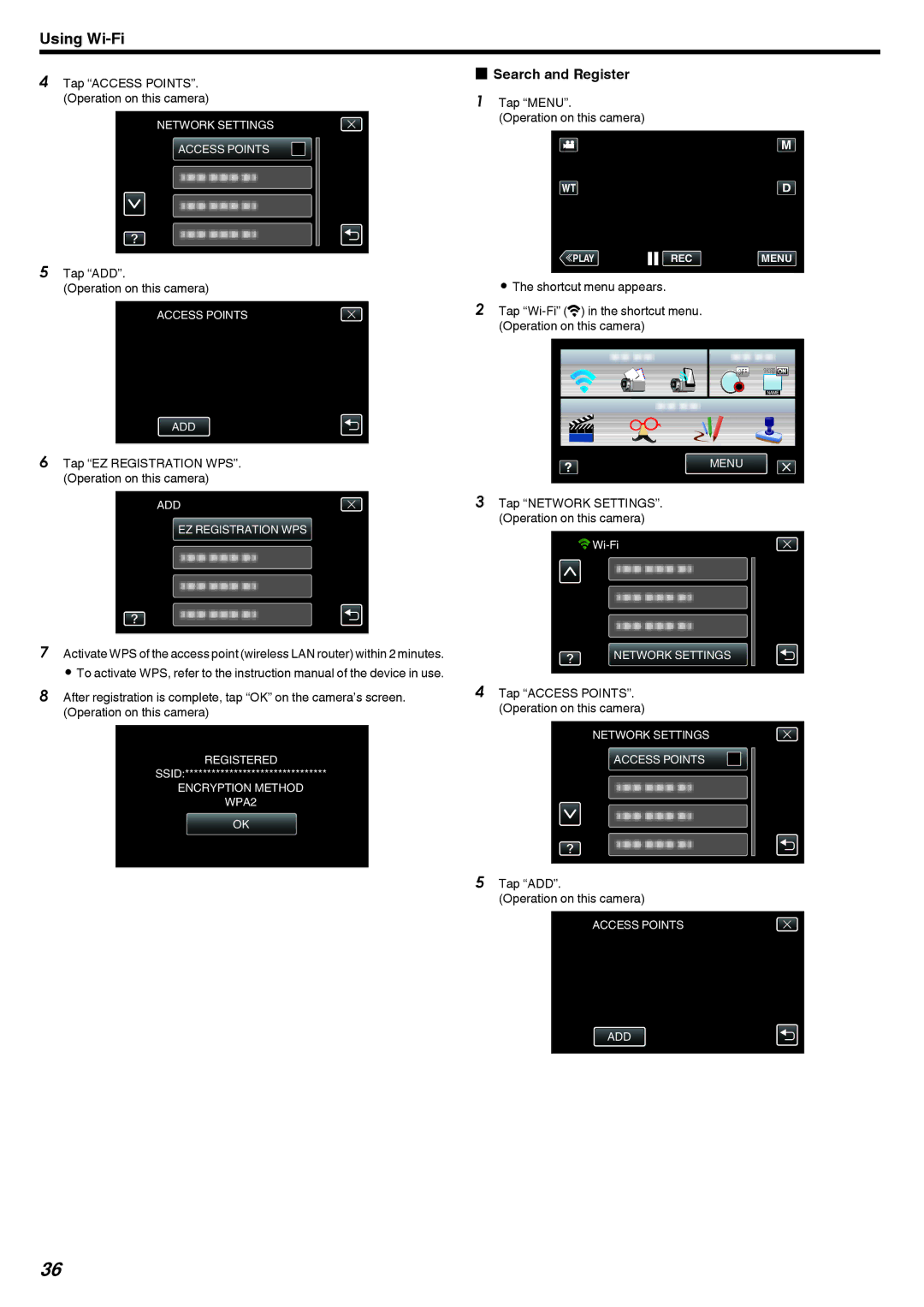 JVC GZ-EX210, GZ-EX250, GZ-EX215 manual Search and Register, Tap Access POINTS. Operation on this camera 