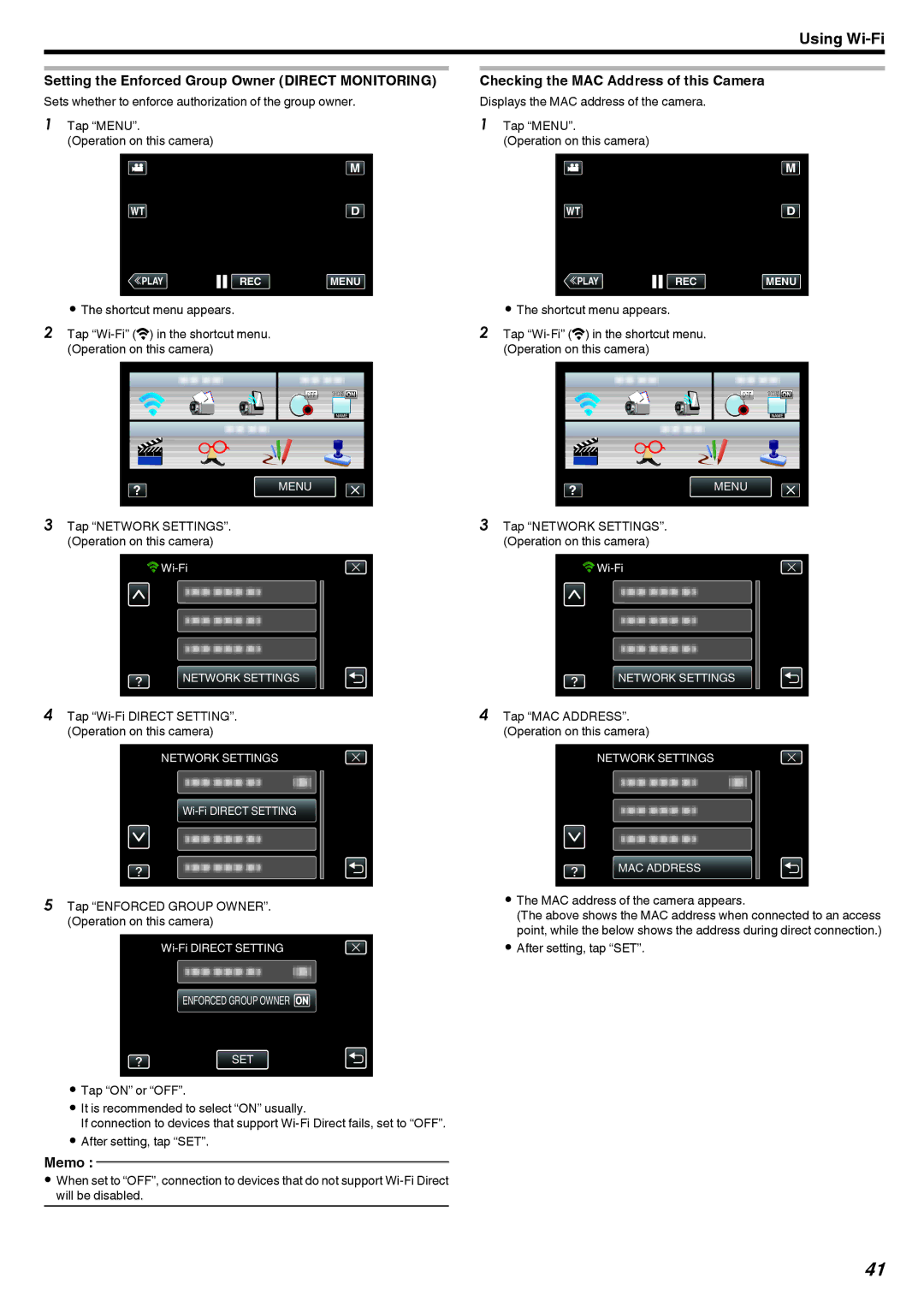 JVC GZ-EX215, GZ-EX210 manual Setting the Enforced Group Owner Direct Monitoring, Checking the MAC Address of this Camera 