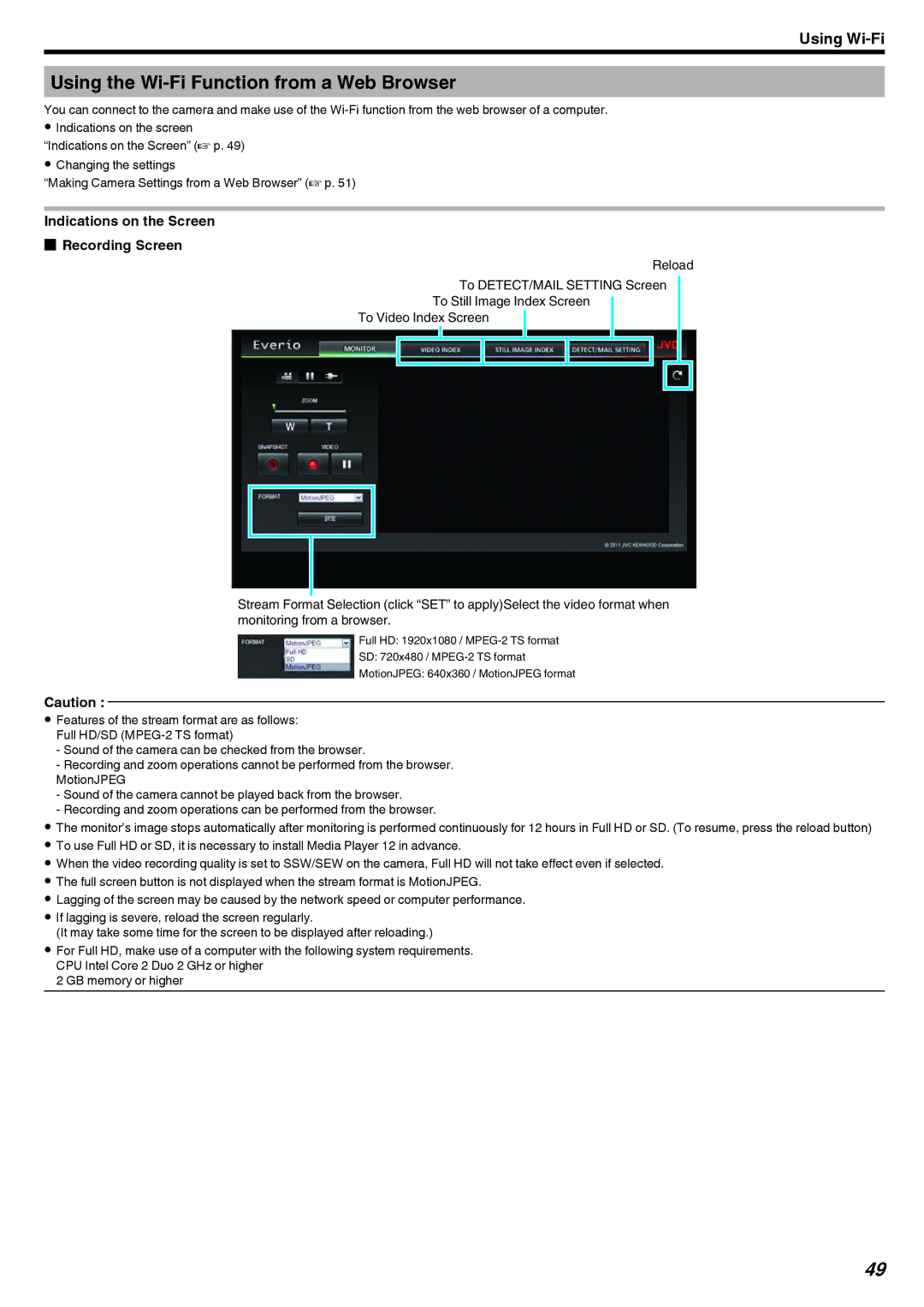 JVC GZ-EX250, GZ-EX210, GZ-EX215 Using the Wi-Fi Function from a Web Browser, Indications on the Screen Recording Screen 