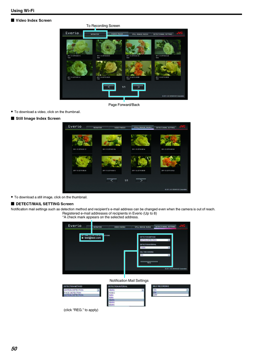 JVC GZ-EX215, GZ-EX210, GZ-EX250 manual DETECT/MAIL Setting Screen, To download a still image, click on the thumbnail 