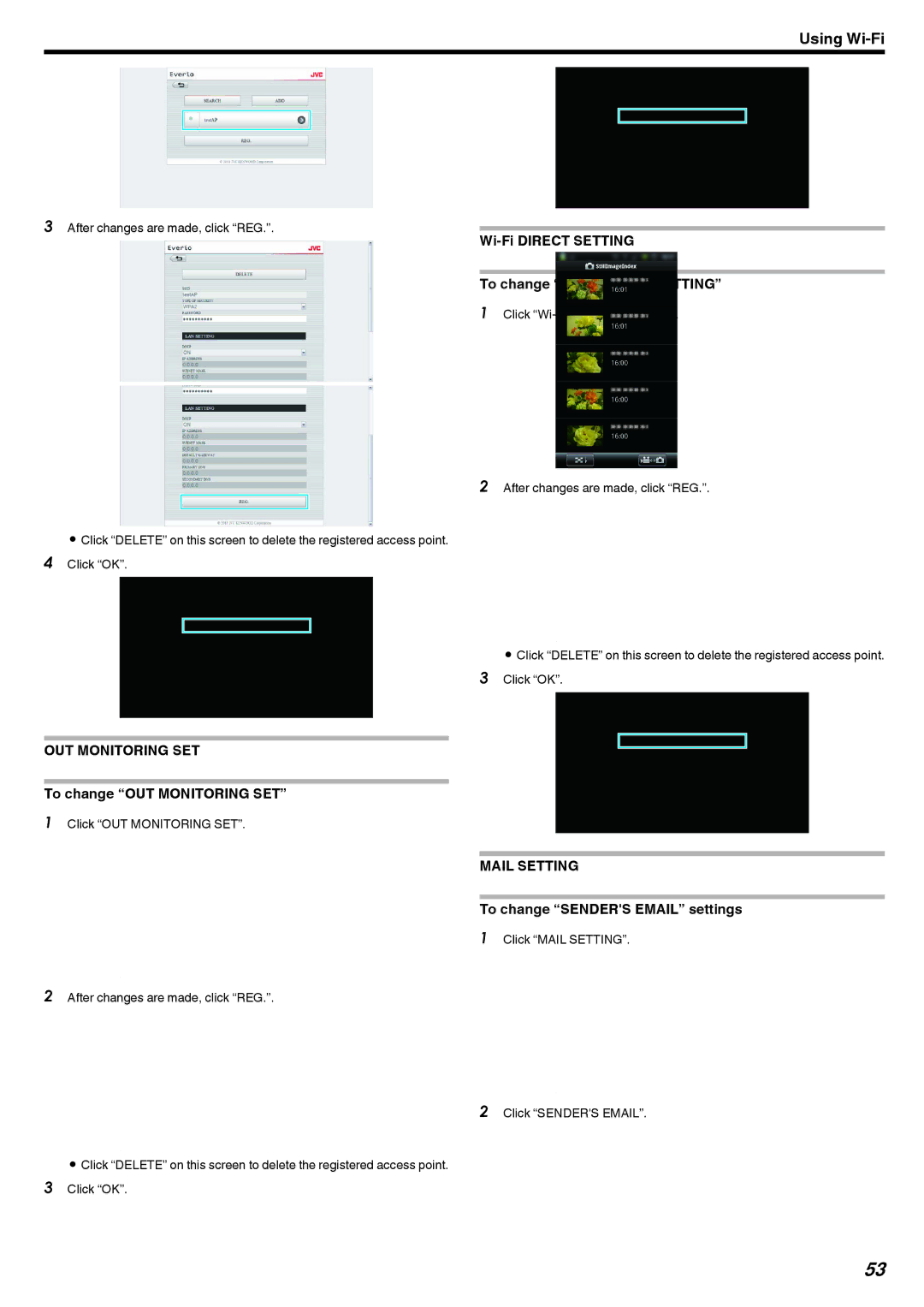 JVC GZ-EX215, GZ-EX210 To change OUT Monitoring SET, Wi-Fi Direct Setting To change Wi-Fi Direct Setting, Mail Setting 