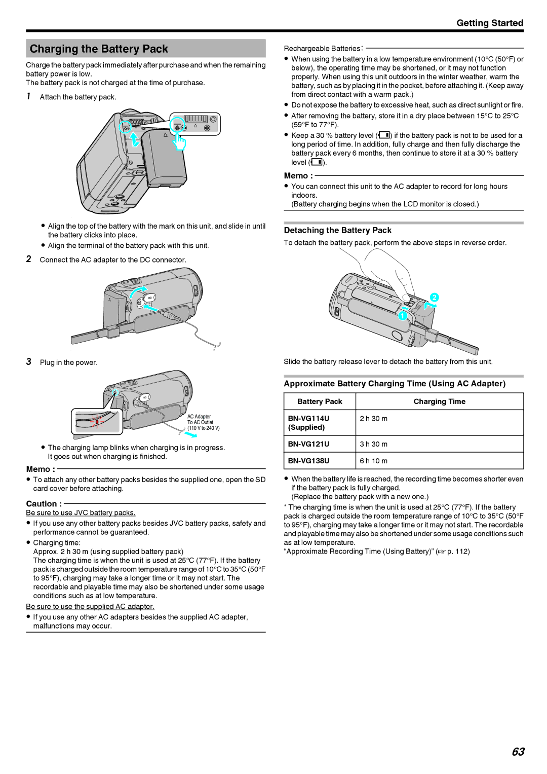 JVC GZ-EX210 Charging the Battery Pack, Detaching the Battery Pack, Approximate Battery Charging Time Using AC Adapter 