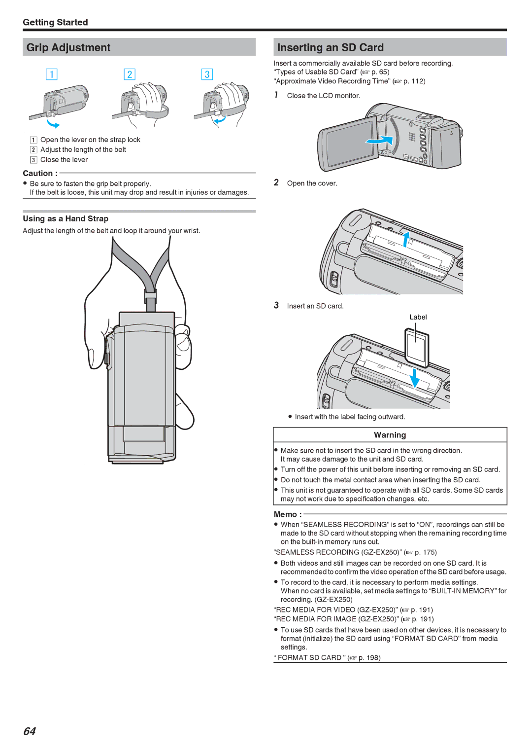 JVC GZ-EX250, GZ-EX210, GZ-EX215 manual Grip Adjustment, Inserting an SD Card, Using as a Hand Strap 