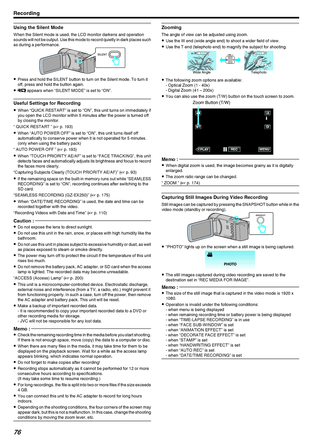 JVC GZ-EX250 Using the Silent Mode, Zooming, Useful Settings for Recording, Capturing Still Images During Video Recording 