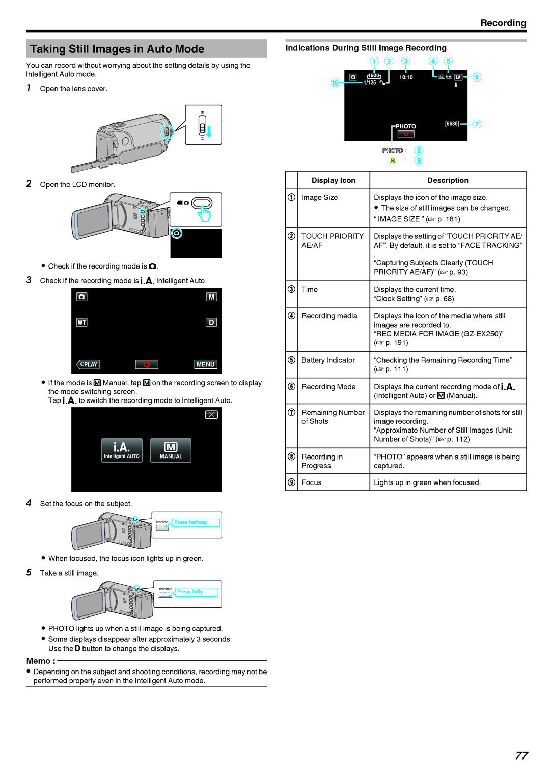 JVC GZ-EX215 Taking Still Images in Auto Mode, Indications During Still Image Recording, Set the focus on the subject 