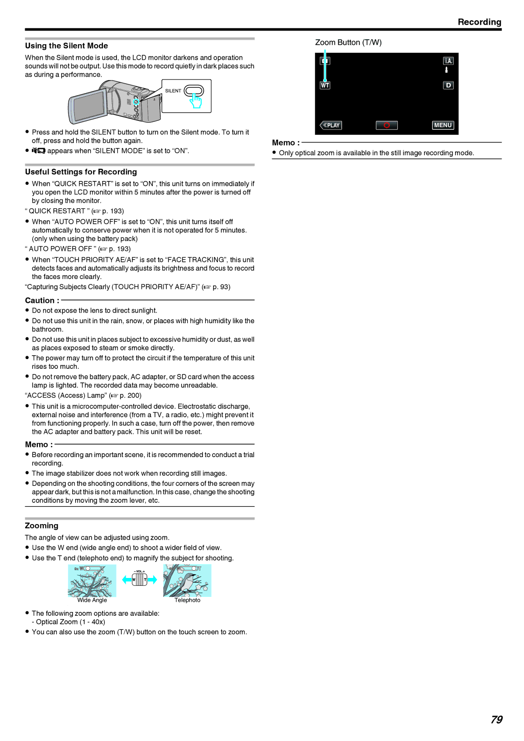 JVC GZ-EX250, GZ-EX210, GZ-EX215 manual Zoom Button T/W 