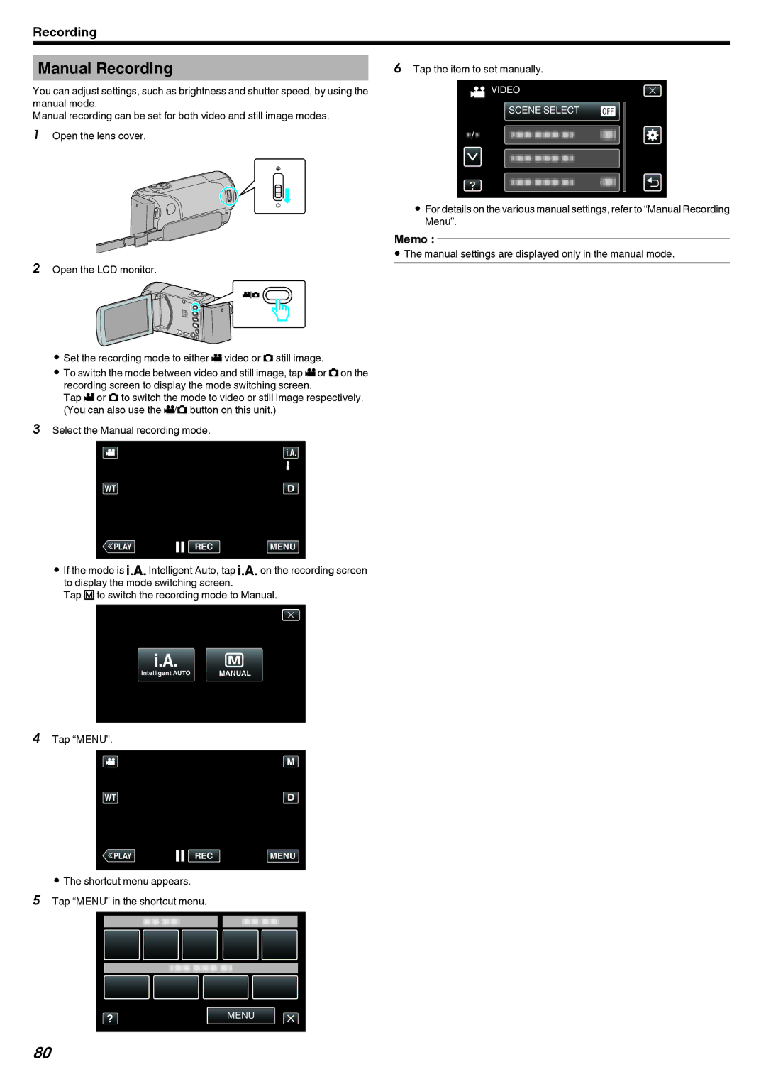 JVC GZ-EX215, GZ-EX210, GZ-EX250 Manual Recording, Tap the item to set manually, Manual mode 