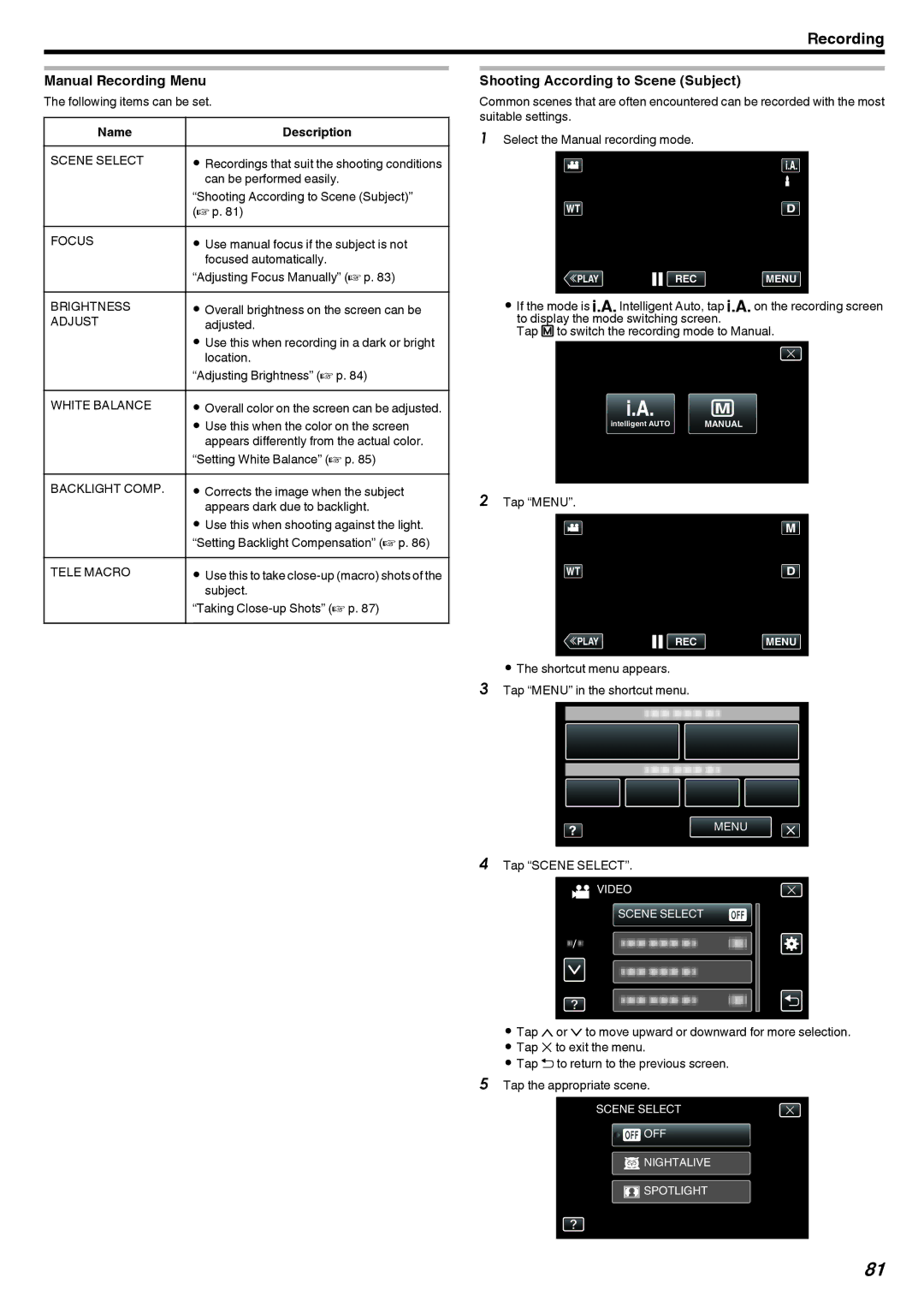 JVC GZ-EX210, GZ-EX250, GZ-EX215 manual Manual Recording Menu, Shooting According to Scene Subject, Name Description 