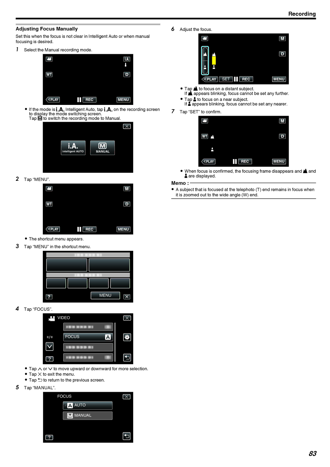 JVC GZ-EX215, GZ-EX210, GZ-EX250 manual Adjusting Focus Manually, Tap Focus, Adjust the focus 