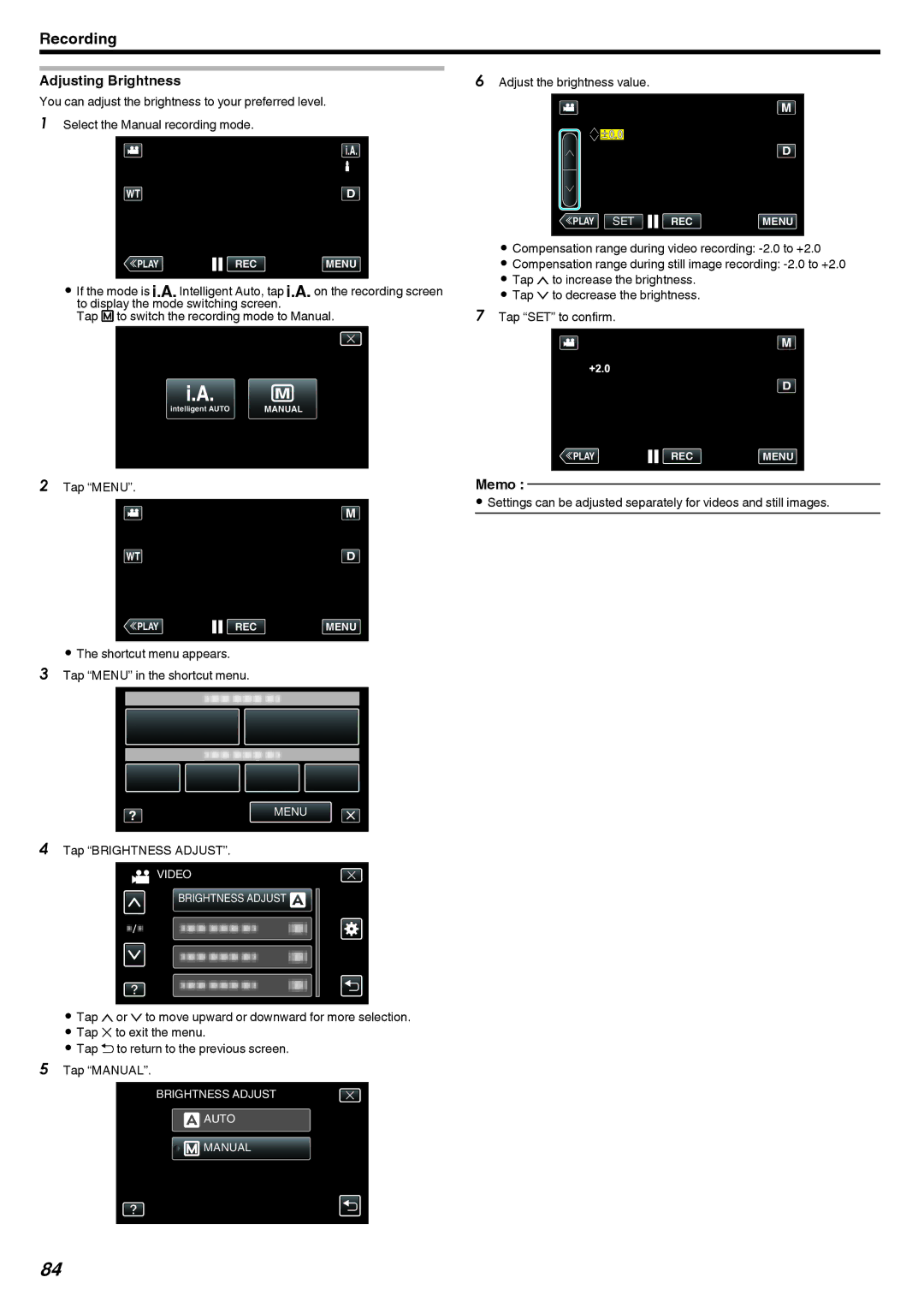 JVC GZ-EX210 Adjusting Brightness, Adjust the brightness value, Compensation range during video recording -2.0 to +2.0 