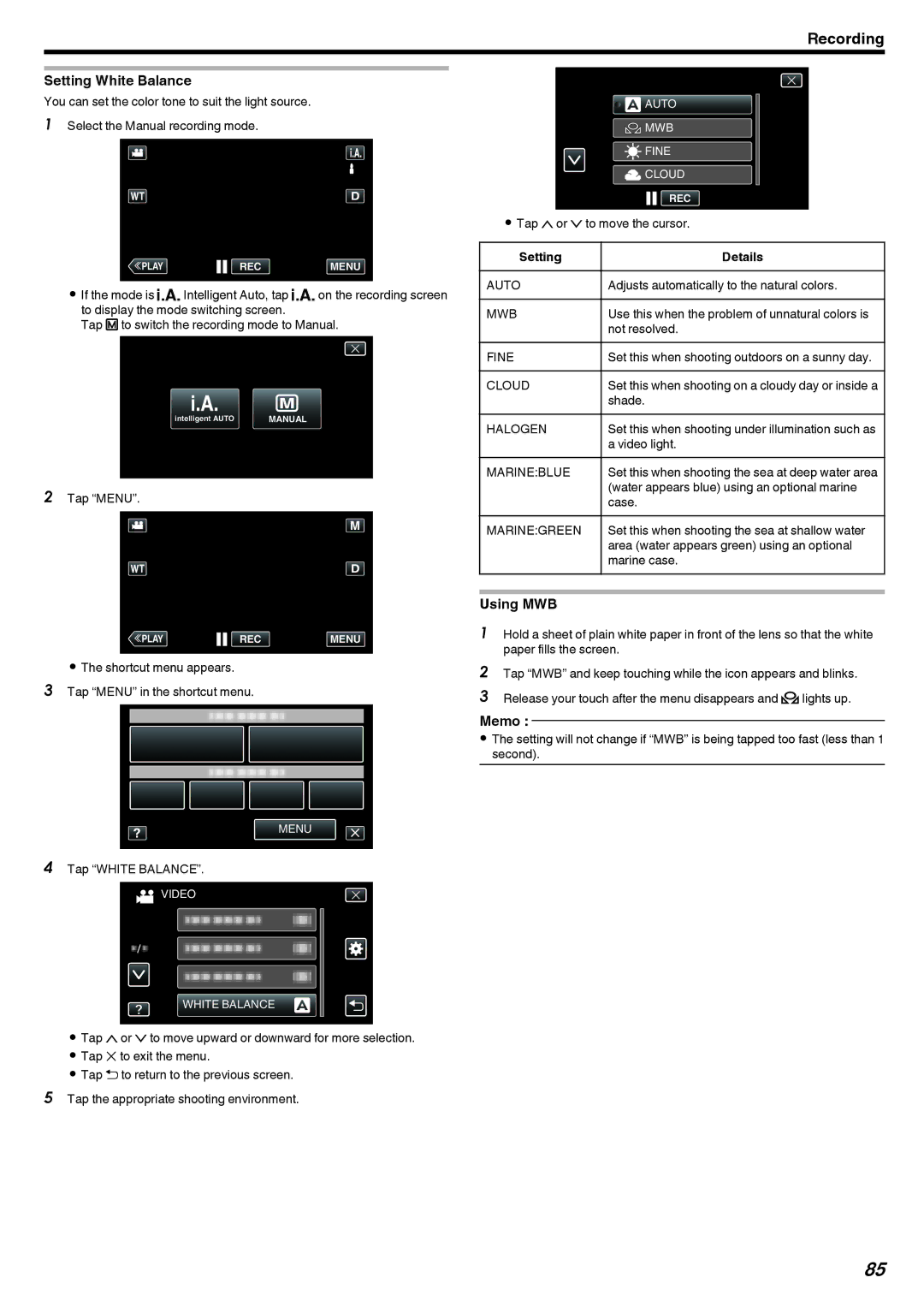 JVC GZ-EX250, GZ-EX210, GZ-EX215 manual Setting White Balance, Using MWB 