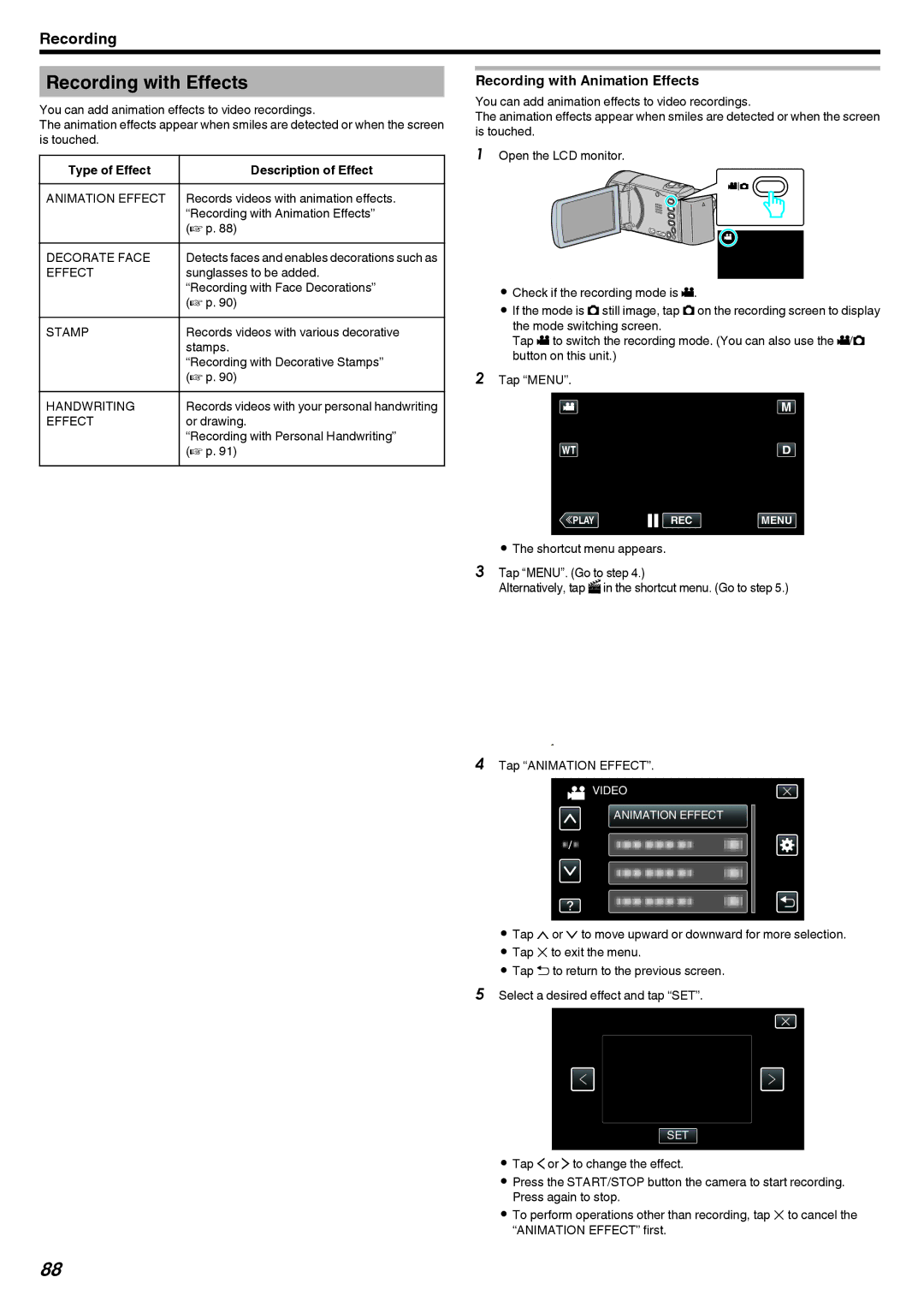 JVC GZ-EX250, GZ-EX210 manual Recording with Effects, Recording with Animation Effects, Type of Effect Description of Effect 