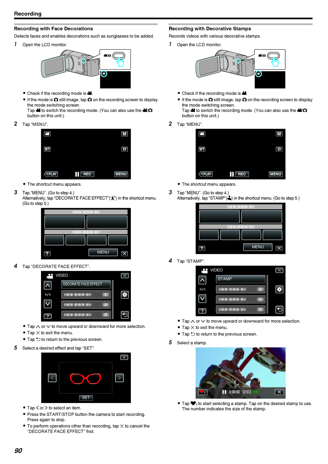 JVC GZ-EX210, GZ-EX250, GZ-EX215 manual Records videos with various decorative stamps, Tap Decorate Face Effect, Tap Stamp 