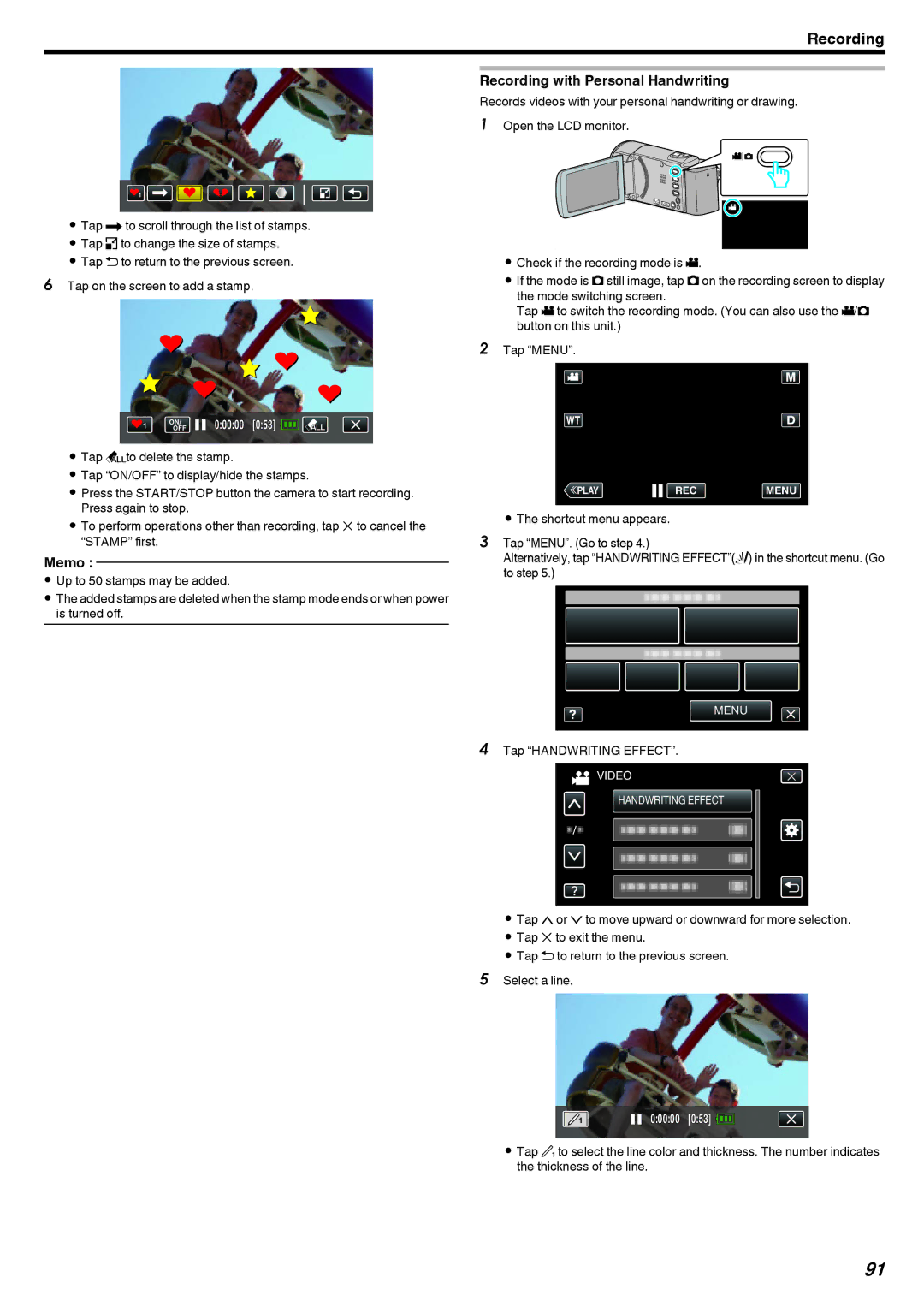 JVC GZ-EX250, GZ-EX210, GZ-EX215 manual Recording with Personal Handwriting, Tap Handwriting Effect 