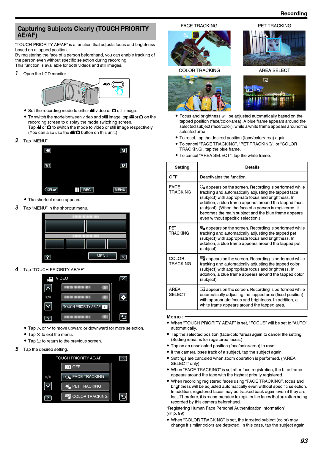 JVC GZ-EX210, GZ-EX250, GZ-EX215 manual Capturing Subjects Clearly Touch Priority AE/AF 