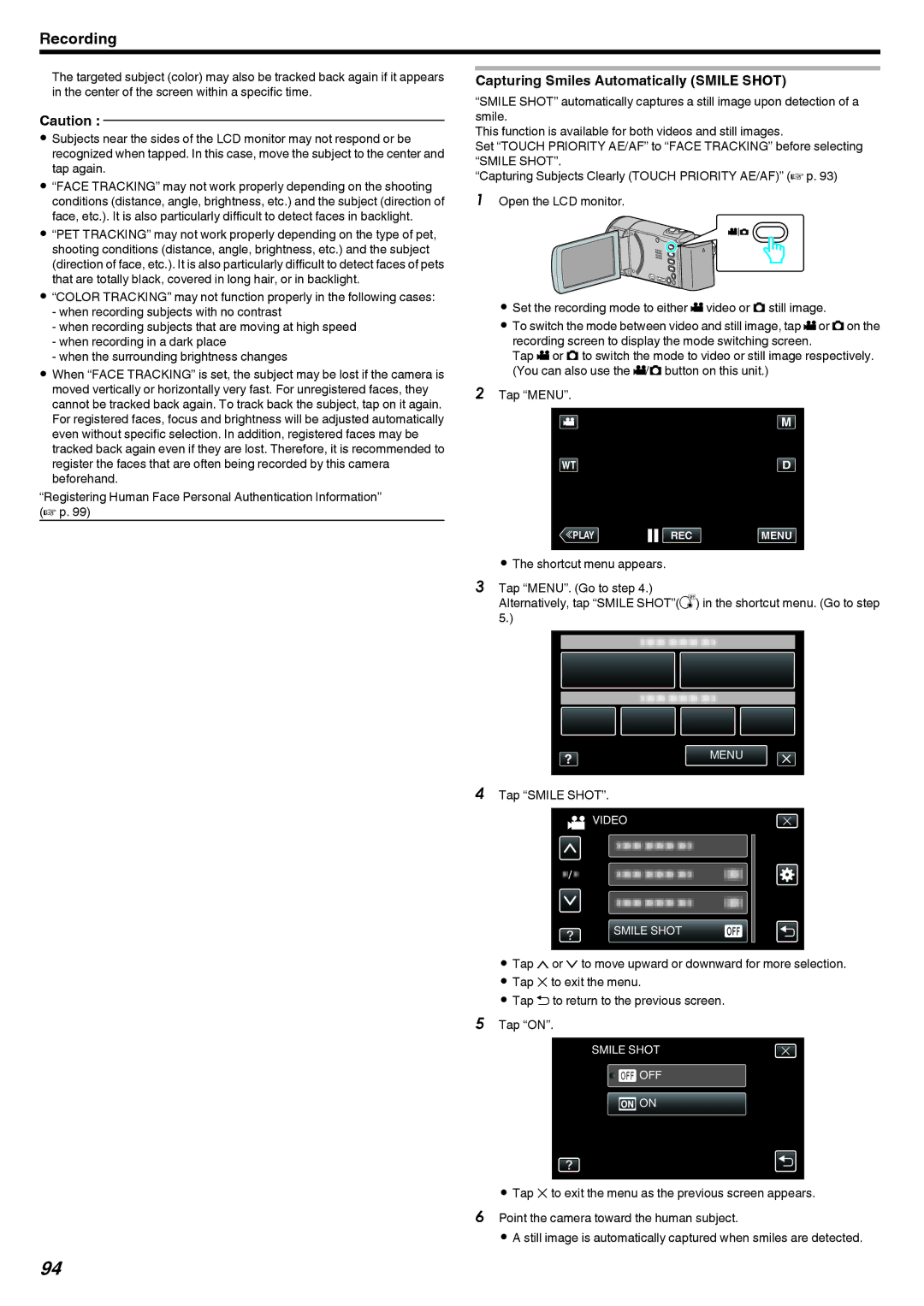 JVC GZ-EX250, GZ-EX210, GZ-EX215 manual Capturing Smiles Automatically Smile Shot, Tap Smile Shot 