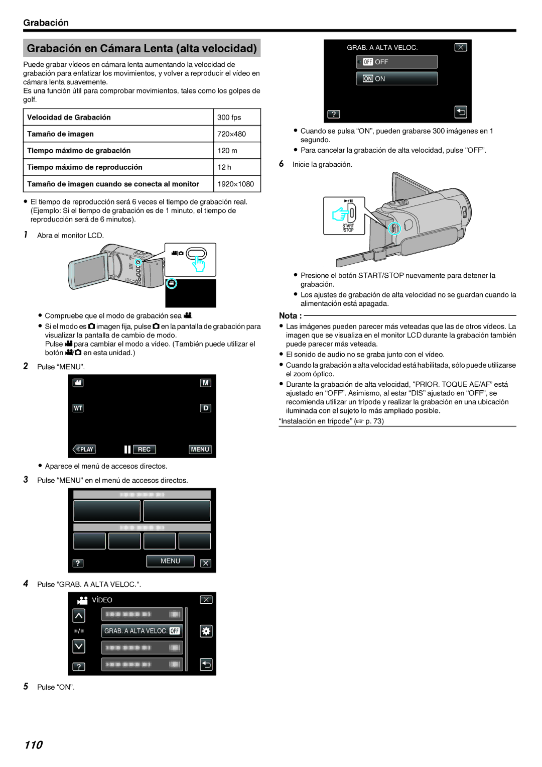 JVC GZ-EX210 manual Grabación en Cámara Lenta alta velocidad, 110, Pulse GRAB. a Alta Veloc 