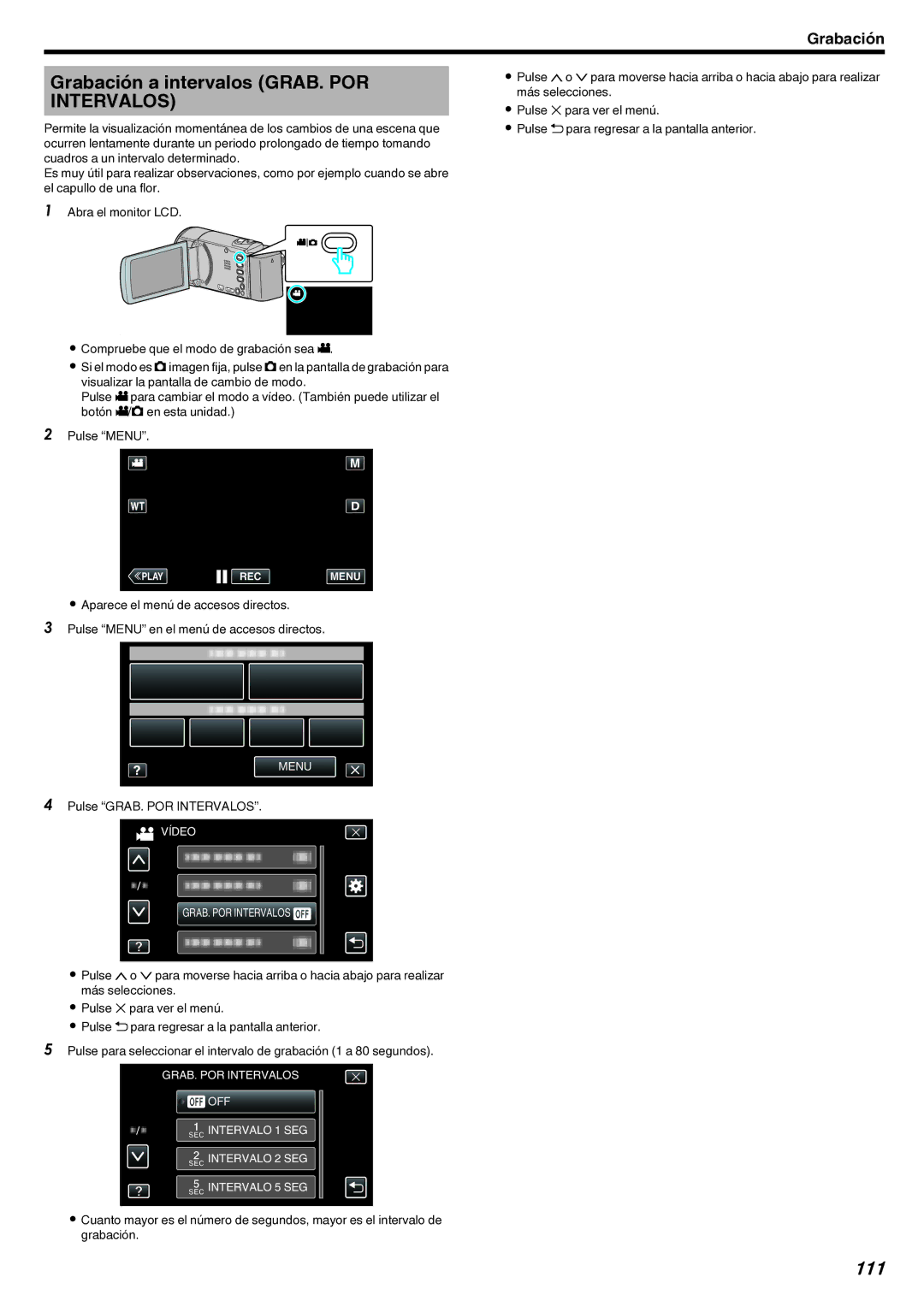 JVC GZ-EX210 manual Grabación a intervalos GRAB. POR Intervalos, 111, Pulse GRAB. POR Intervalos 