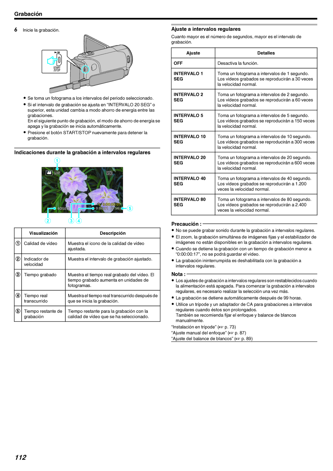 JVC GZ-EX210 manual 112, Indicaciones durante la grabación a intervalos regulares, Ajuste a intervalos regulares 