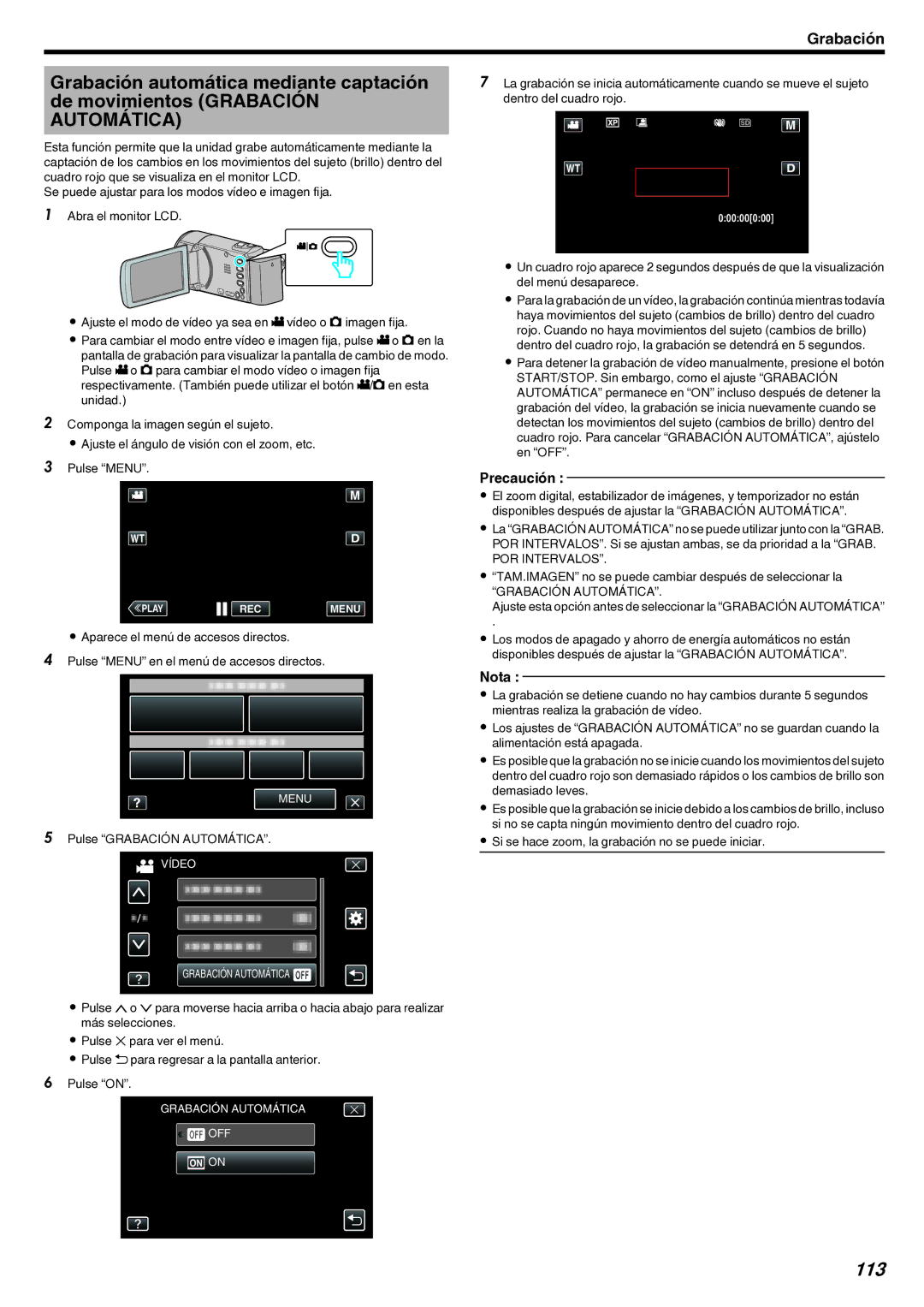 JVC GZ-EX210 113, Pulse Grabación Automática, POR Intervalos, TAM.IMAGEN no se puede cambiar después de seleccionar la 