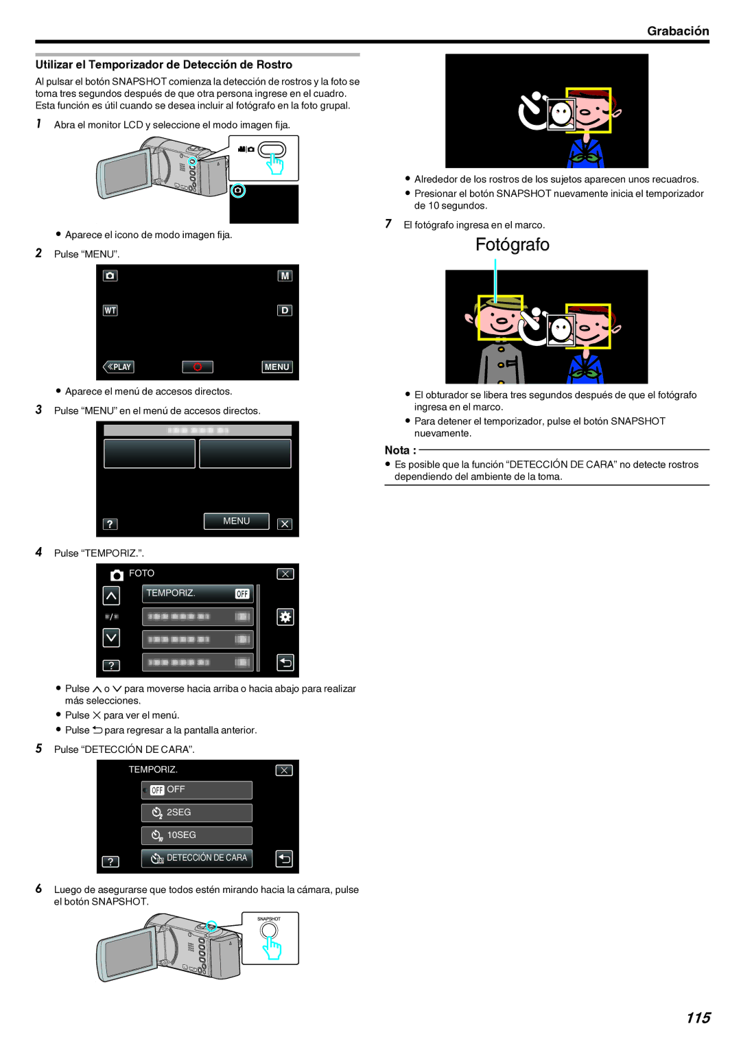 JVC GZ-EX210 manual 115, Utilizar el Temporizador de Detección de Rostro 