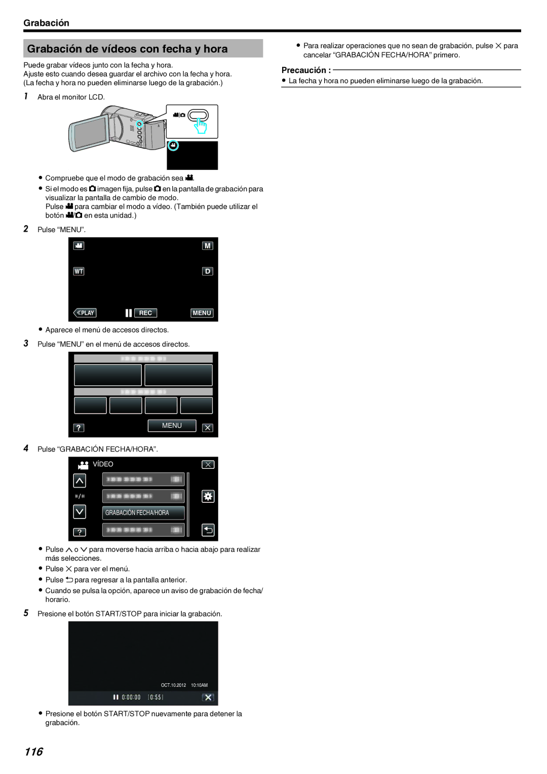 JVC GZ-EX210 manual Grabación de vídeos con fecha y hora, 116, Puede grabar vídeos junto con la fecha y hora 