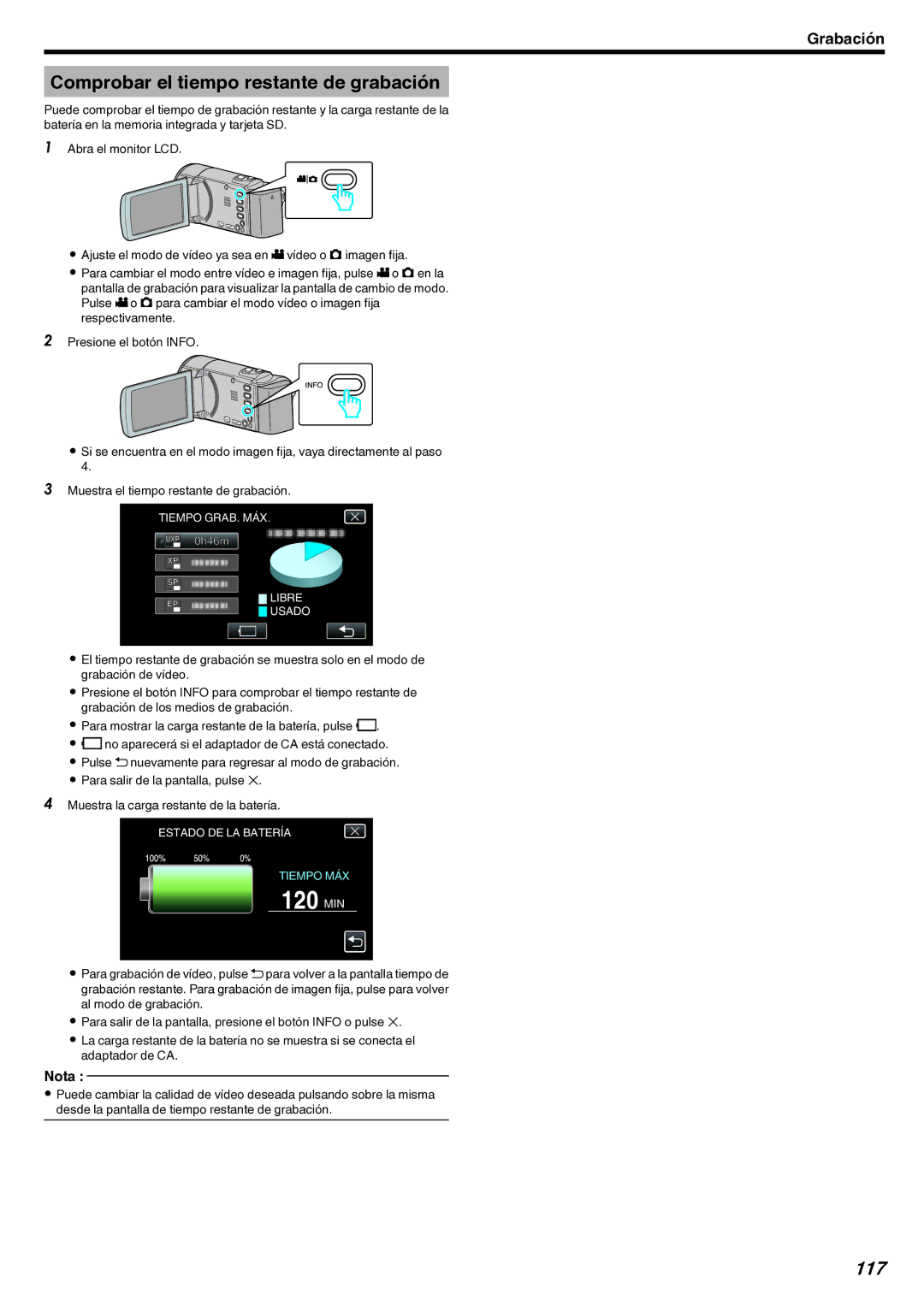 JVC GZ-EX210 manual Comprobar el tiempo restante de grabación, 117 